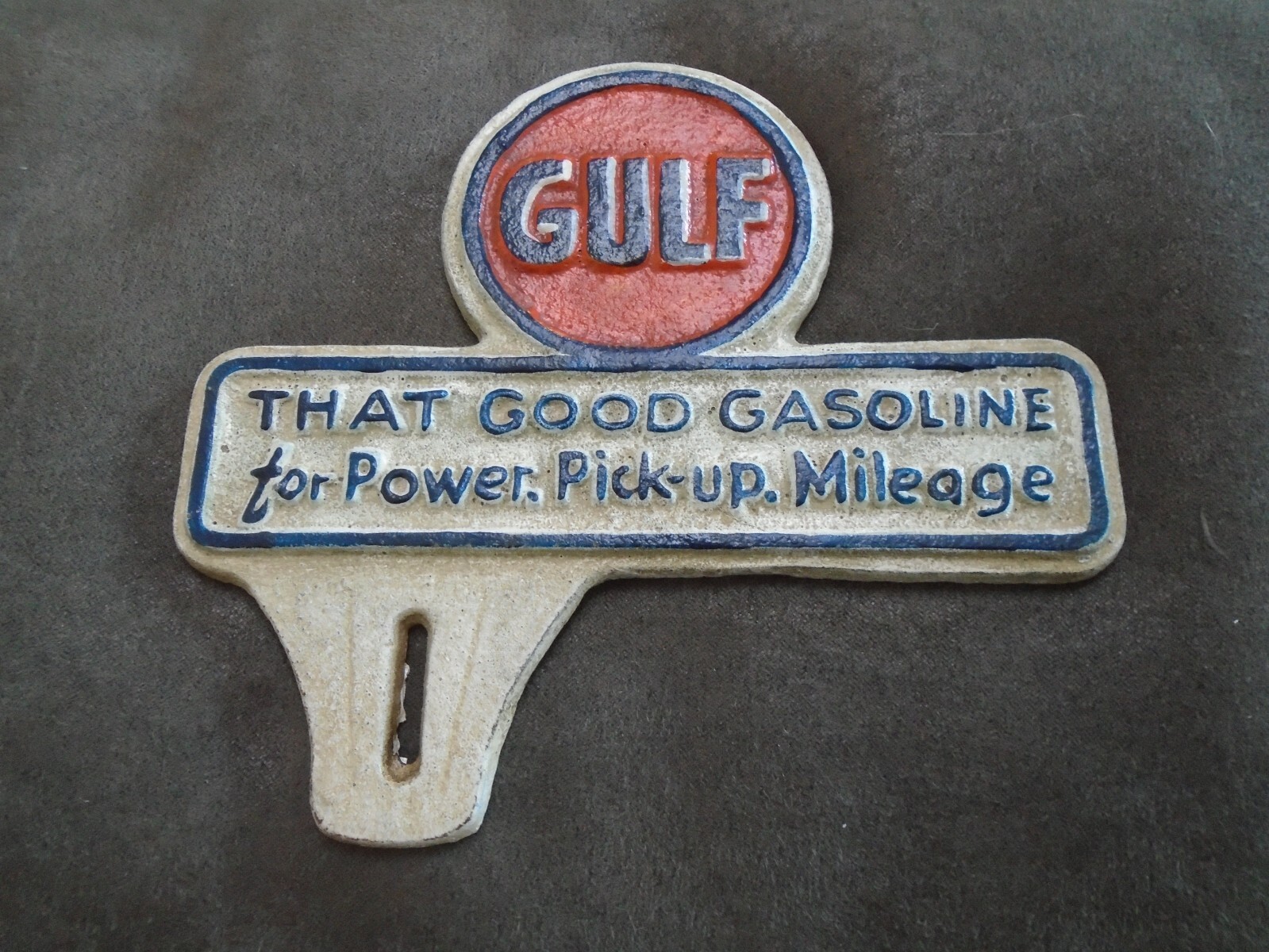 VINTAGE GULF SIGN CAST IRON GAS STATION ADVERTISING TAG TOPPER 6.5″ FREE SHIP