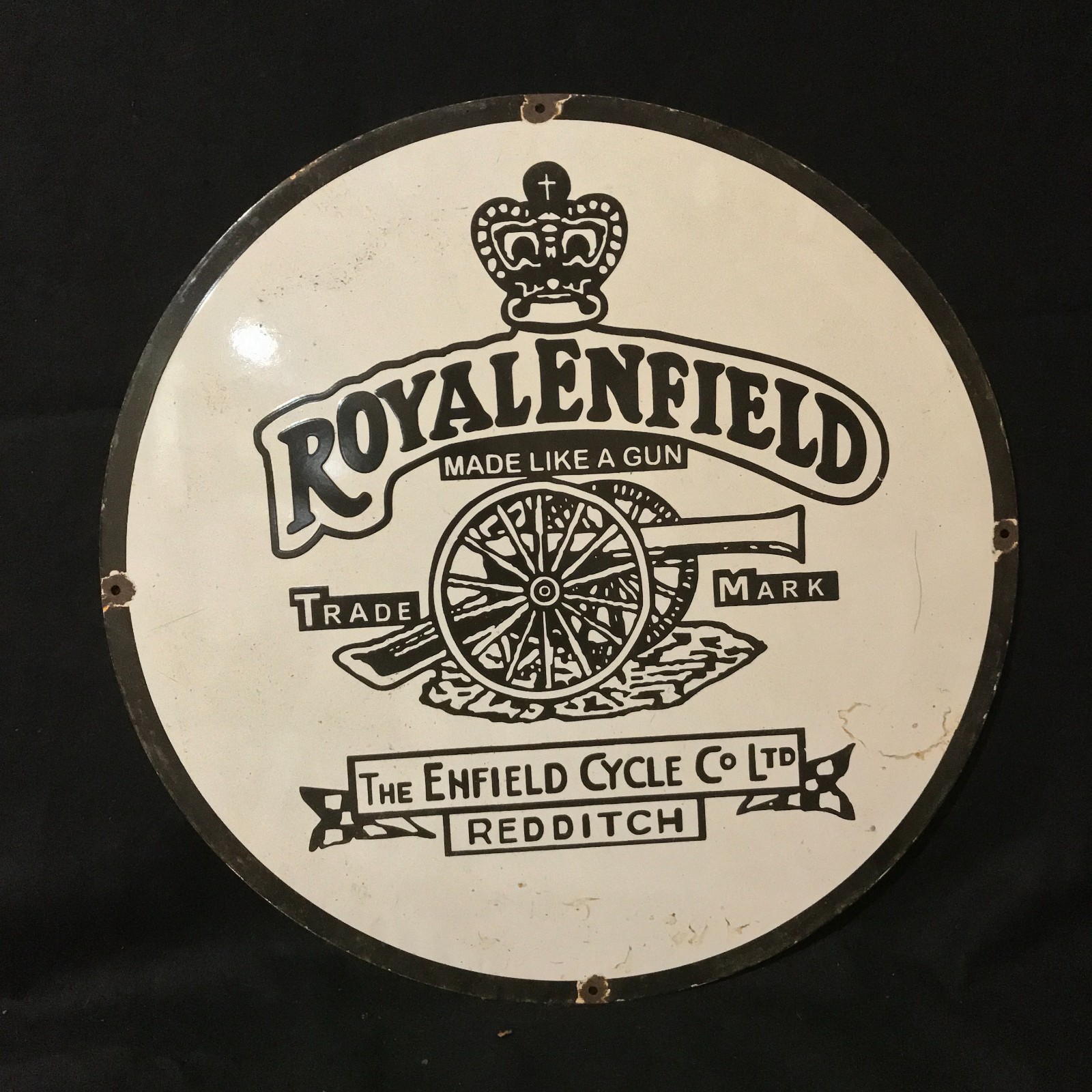 ROYAL ENFIELD REDDITCH ADVERTISING PORCELAIN ENAMEL SIGN 30 IN ROUND SS