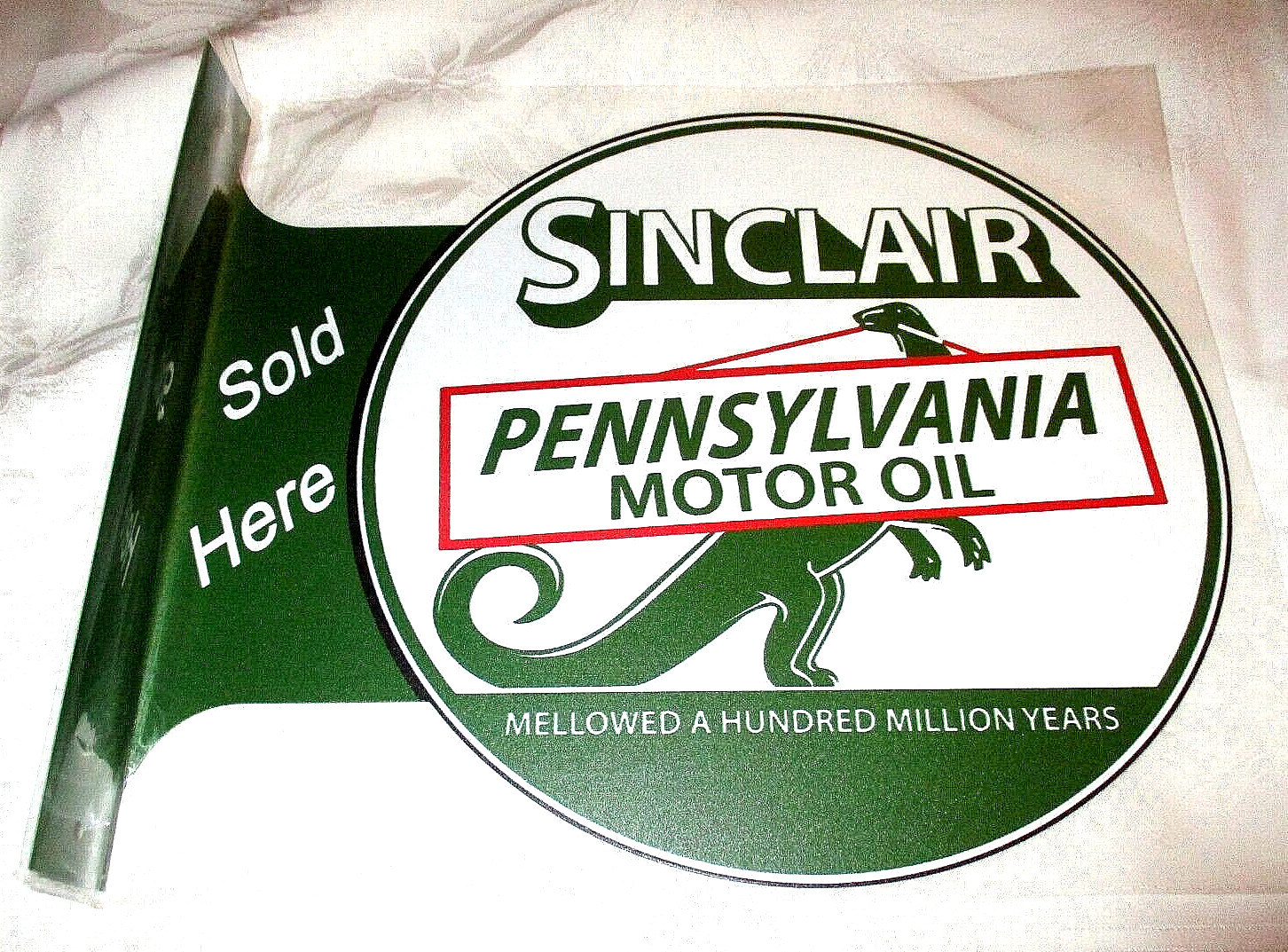 SINCLAIR PENNSYLVANIA MOTOR OIL Double-Sided Imprint Metal Flange Sign #02 – NEW