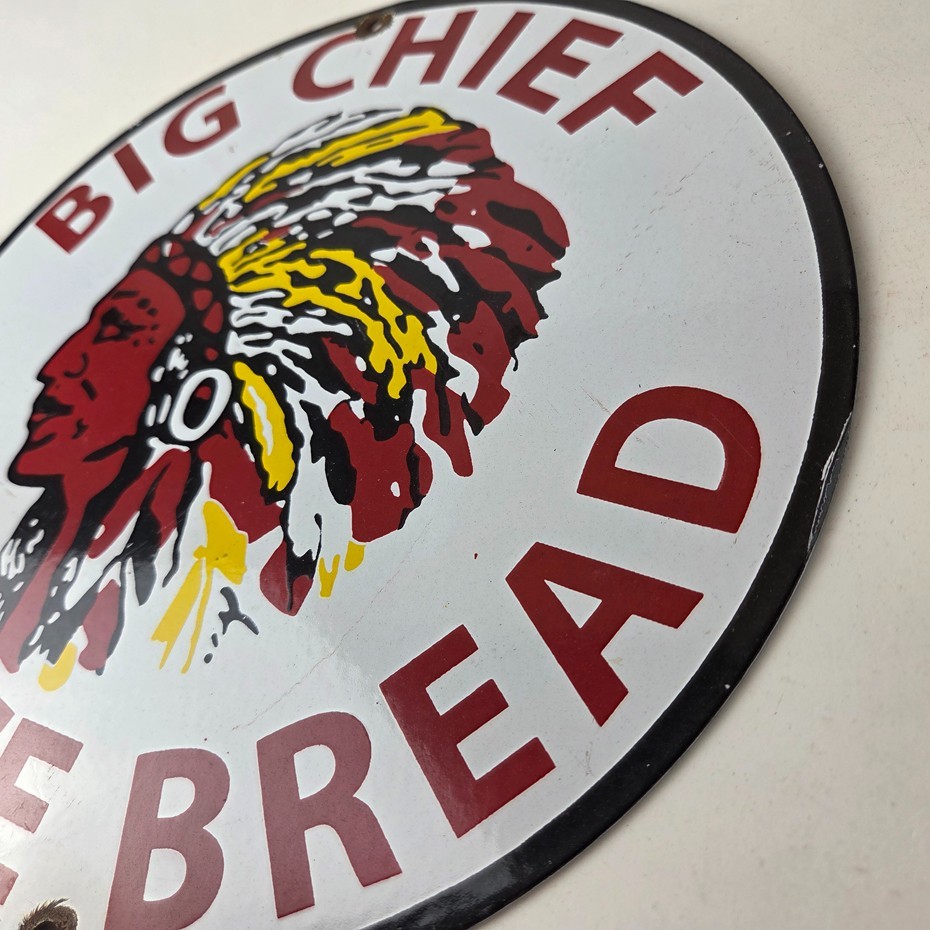 Vintage Big Chief Bread Sign – White Bread Grocery Store Gas Pump Porcelain Sign