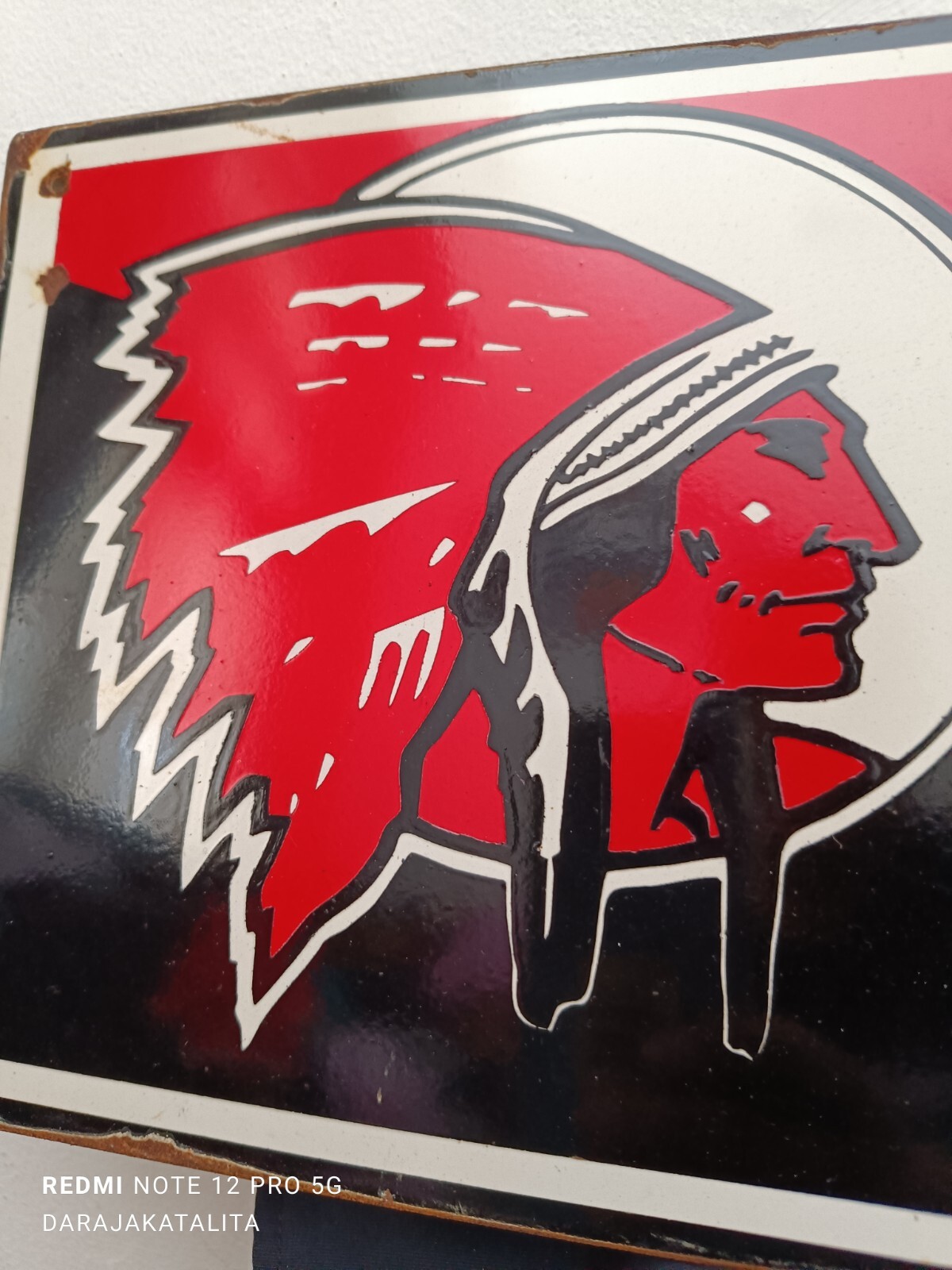 Not Porcelain Red Indian Motor oil Enamel Sign Size 60cm x 21cm Vintage Design