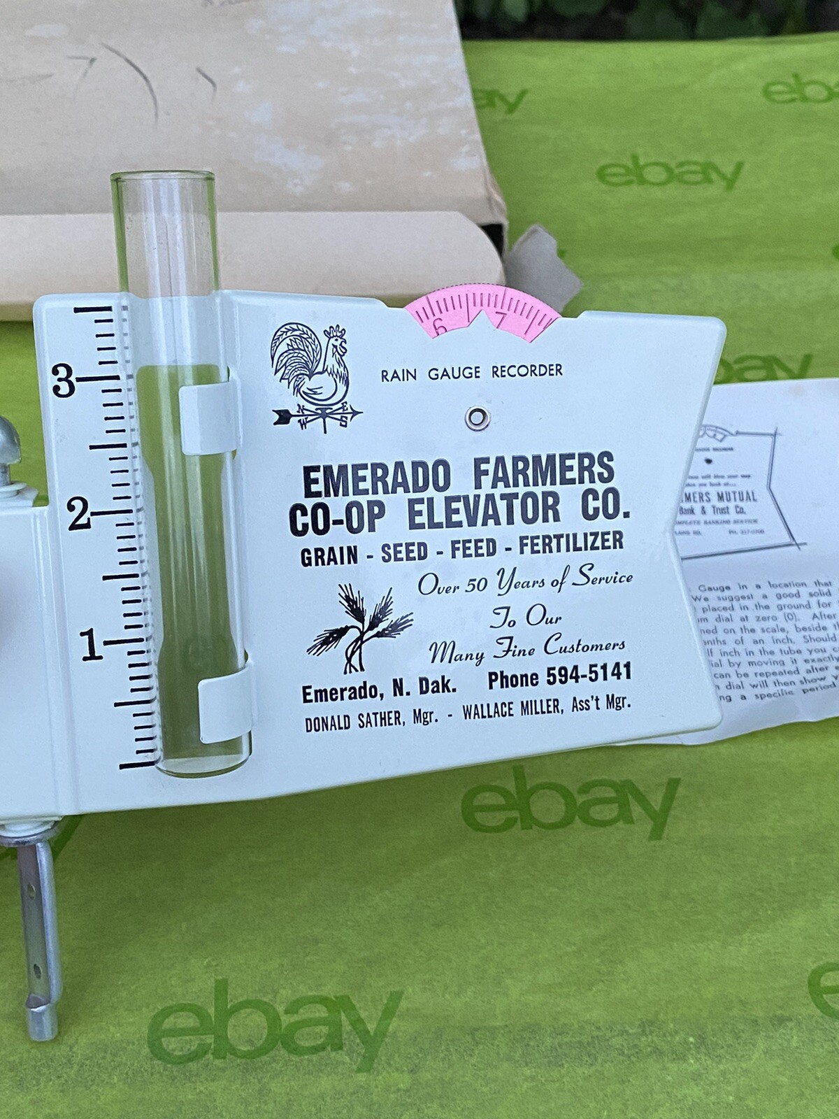 Vintage Farmers Co-Op Elevator Co Rain Gauge Recorder Emerado N. Dak Advertising