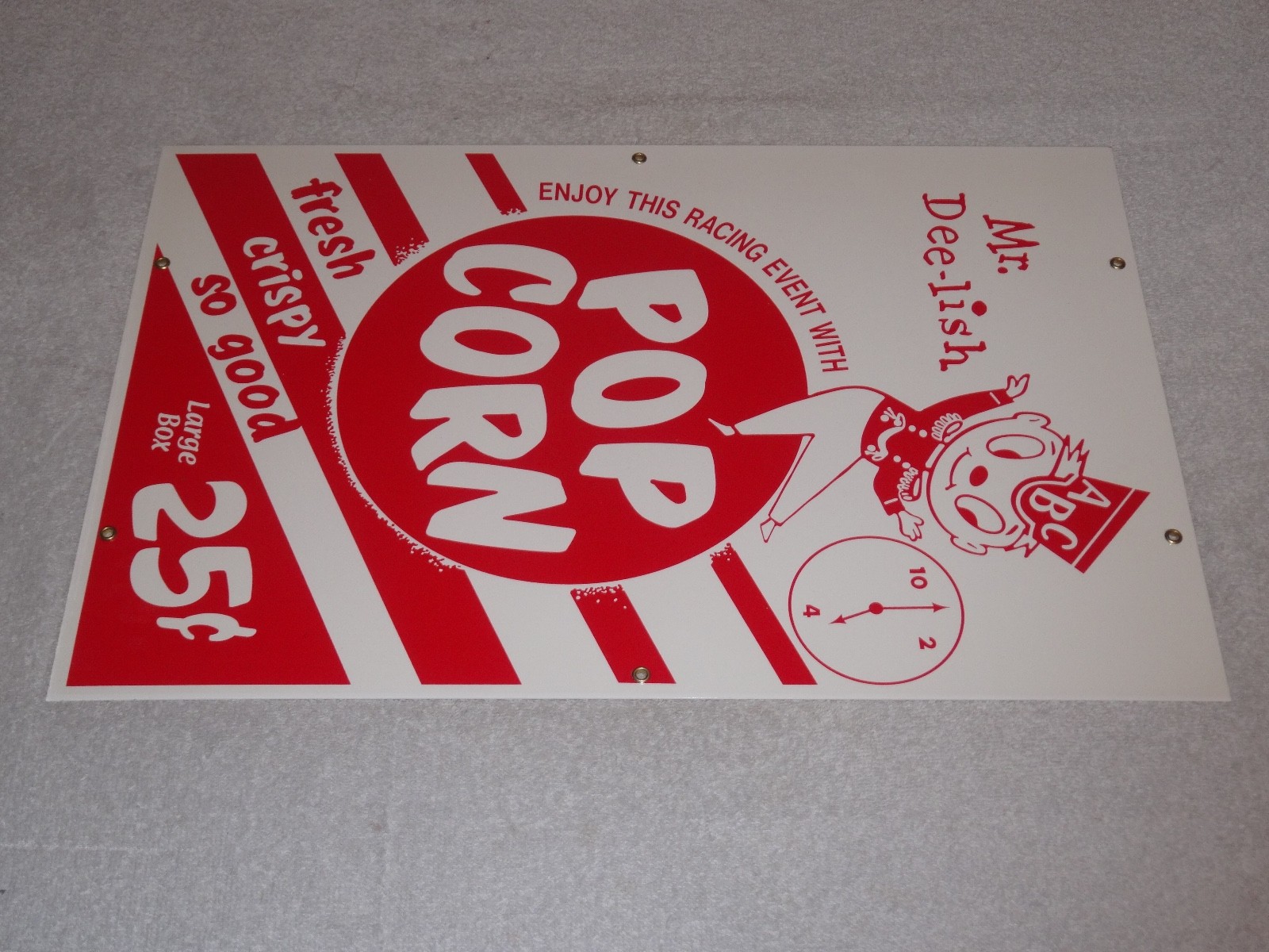 VINTAGE POPCORN 25 CENTS & MR. DEE-LISH 18″ PORCELAIN METAL GASOLINE & OIL SIGN!