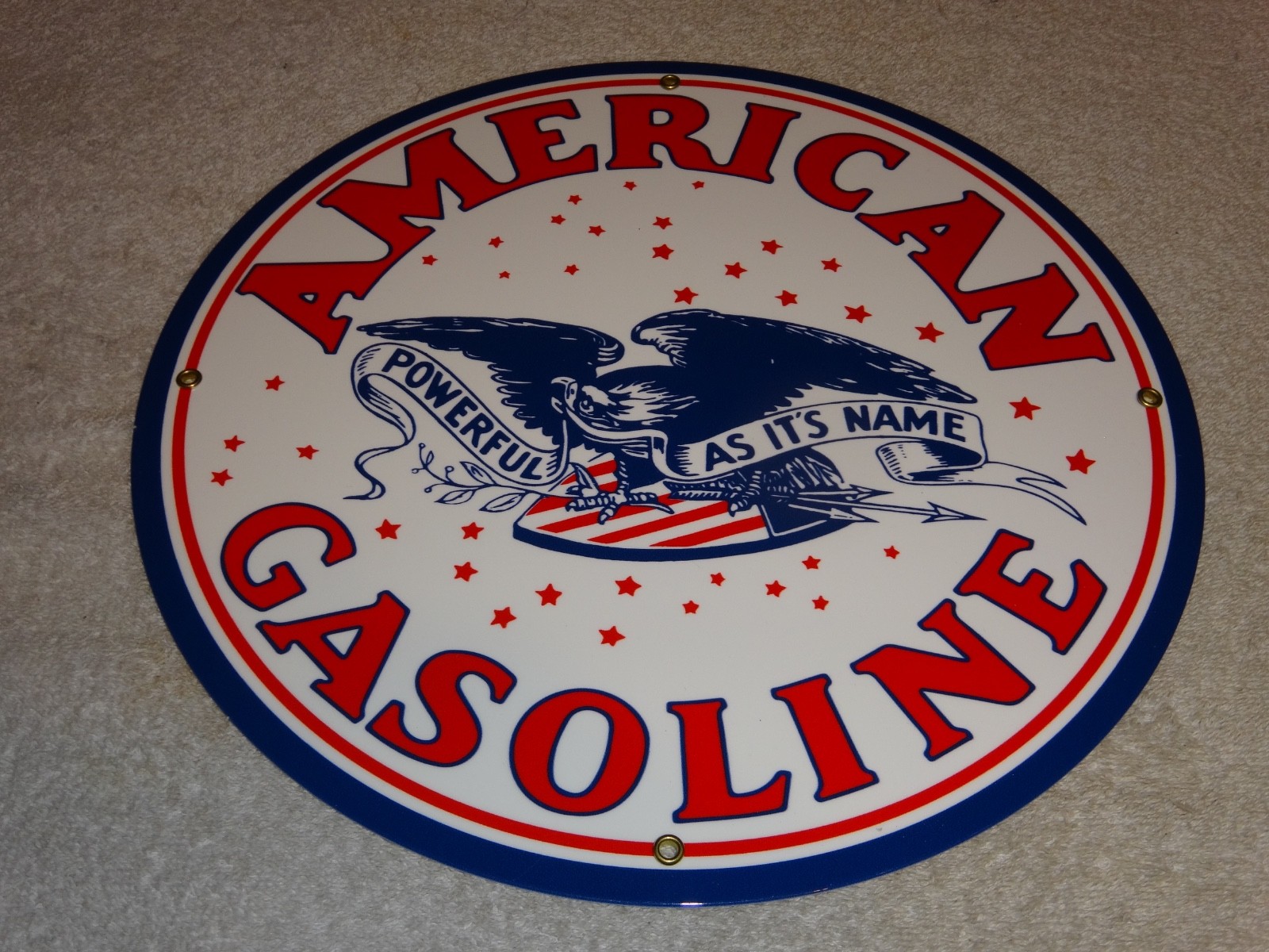 VINTAGE AMERICAN GASOLINE POWERFUL EAGLE 11 3/4″ PORCELAIN METAL GAS & OIL SIGN
