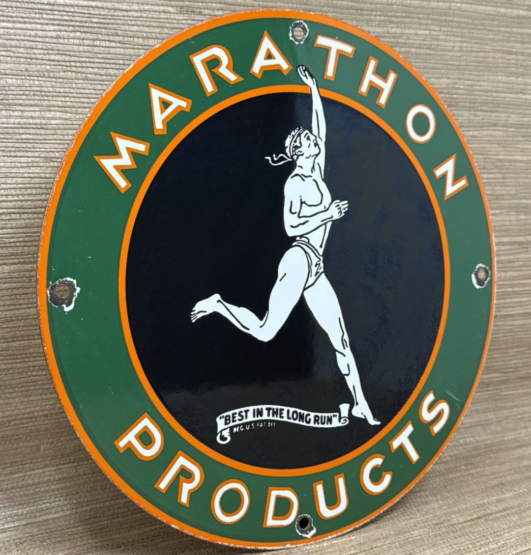 VINTAGE MARATHON GASOLINE PORCELAIN SIGN STORE GAS STATION MOTOR OIL PUMP