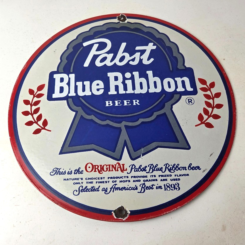 Vintage Pabst Blue Ribbon Beer Porcelain Sign – Ribbon Badge Logo Sign