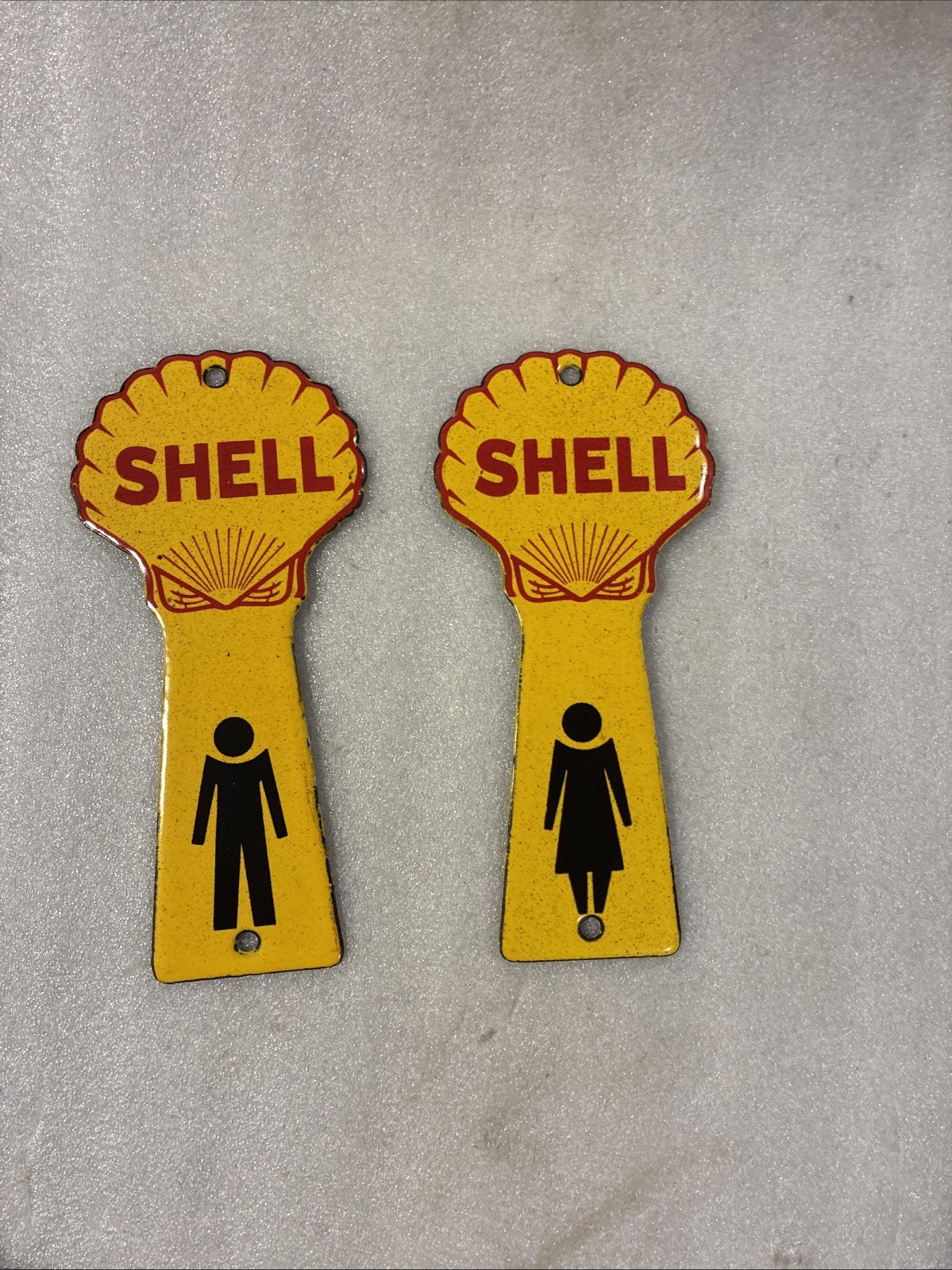Shell Porcelain Advertising Sign 7 1/2 Inches Pair Restroom Bathroom Key Holder