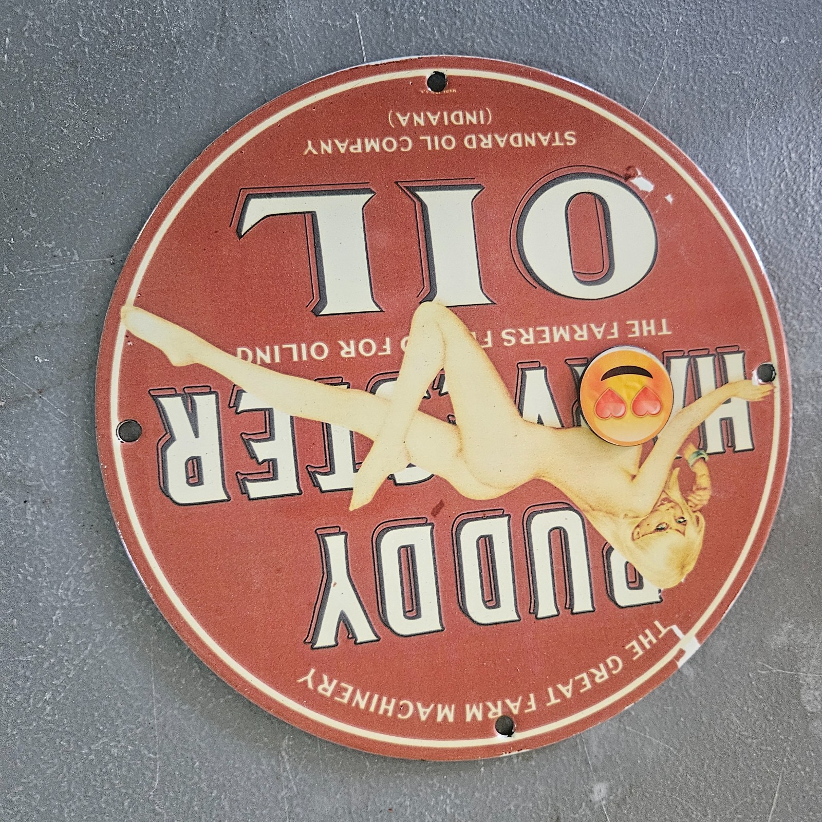VINTAGE PORCELAIN PIN UP GAS & OIL STATION PUMP PLATE GARAGE MAN CAVE SIGN