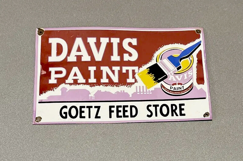 VINTAGE RARE 16” DAVIS PAINT GOETZ FEED PORCELAIN SIGN CAR GAS OIL TRUCK AUTO