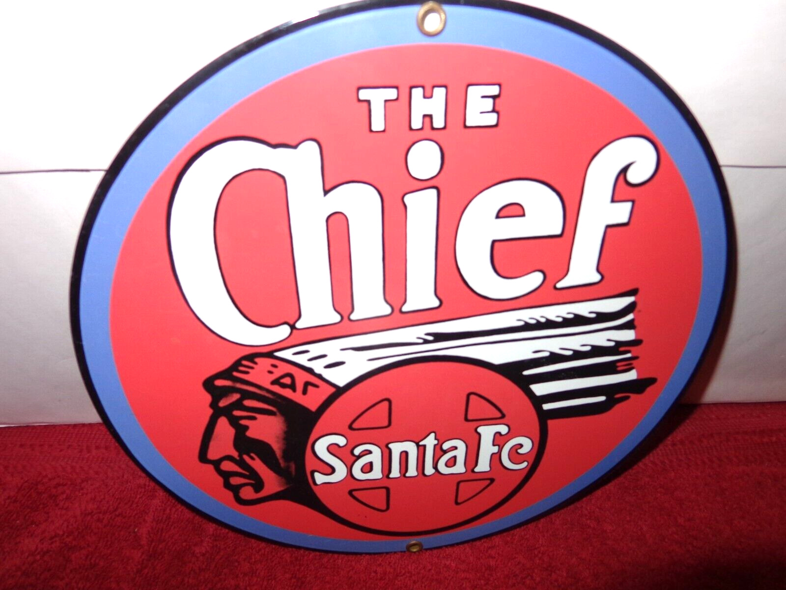 9 7/8 in SANTA FE CHIEF RAILROAD ADV. SIGN HEAVY DIE CUT METAL PORCELAIN – 920 D
