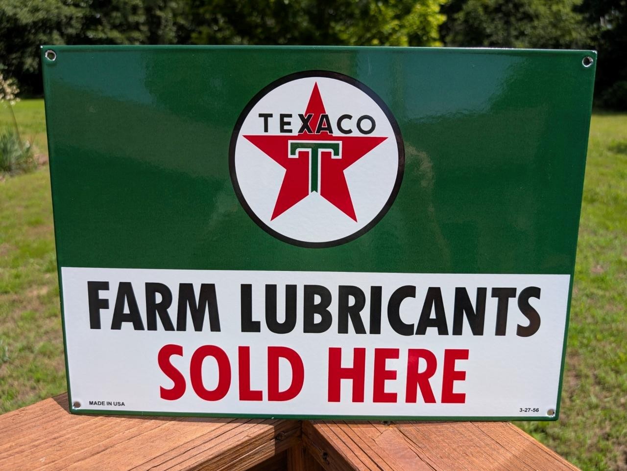 LARGE PORCELAIN SIGN TEXACO FARM LUBRICANTS SOLD HERE DATED 3-27-1956 MADE USA
