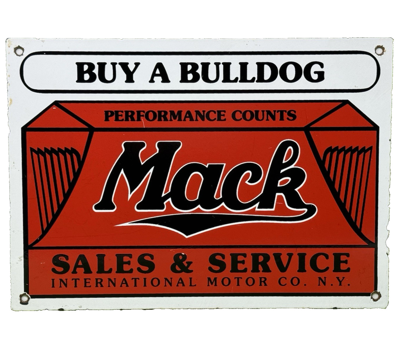 VINTAGE MACK TRUCKS PORCELAIN DEALERSHIP SIGN GAS SALES SERVICE OIL SPYKE & TYKE