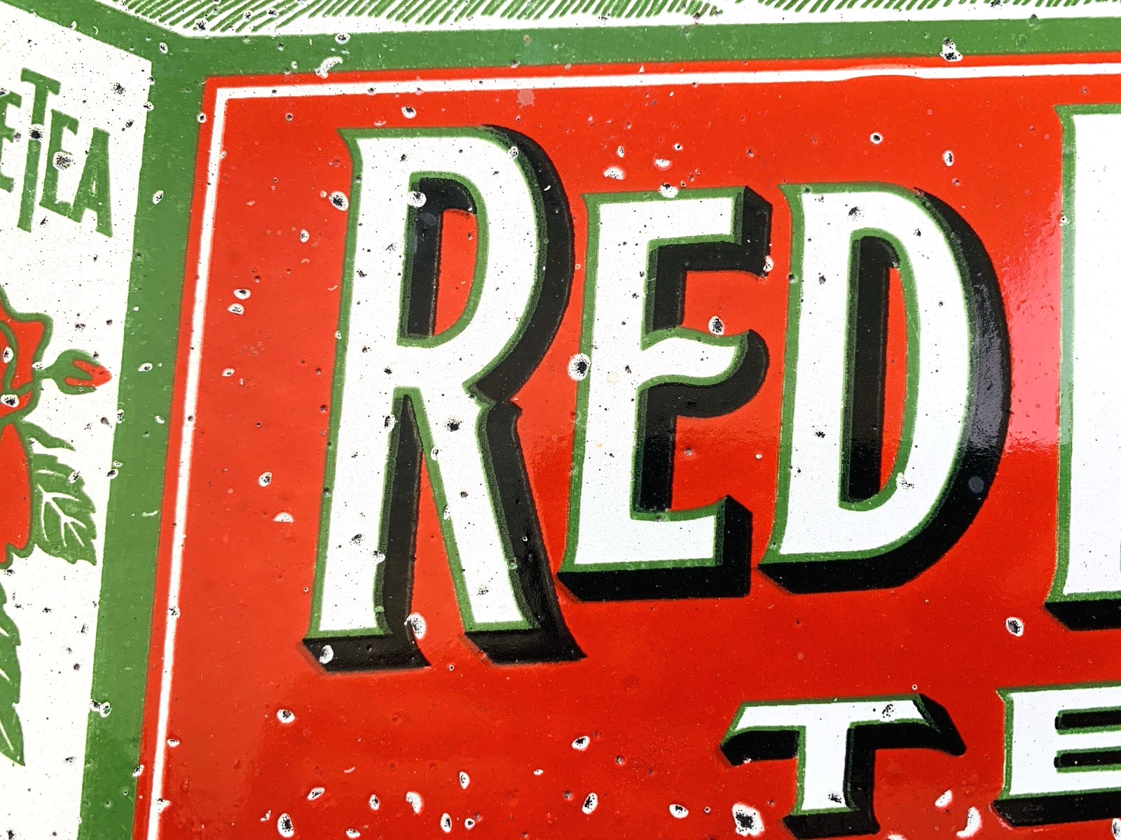 VINTAGE 12×6.5″ RED ROSE TEA PORCELAIN SERVICE PUMP STATION GASOLINE AD OIL SIGN