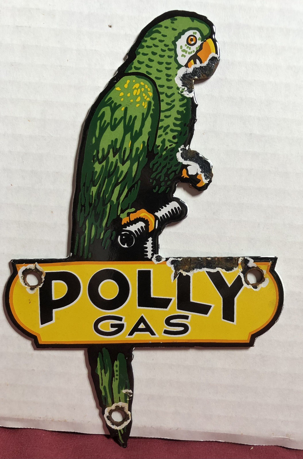 VINTAGE POLLY GAS 8” PORCELAIN SIGN MOTOR OIL GASOLINE PARROT PUMP PLATE