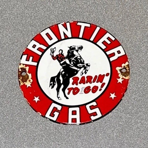 VINTAGE FRONTIER COWBOY HORSE PORCELAIN SIGN GAS CAR TRUCK OIL MOTORCYCLE