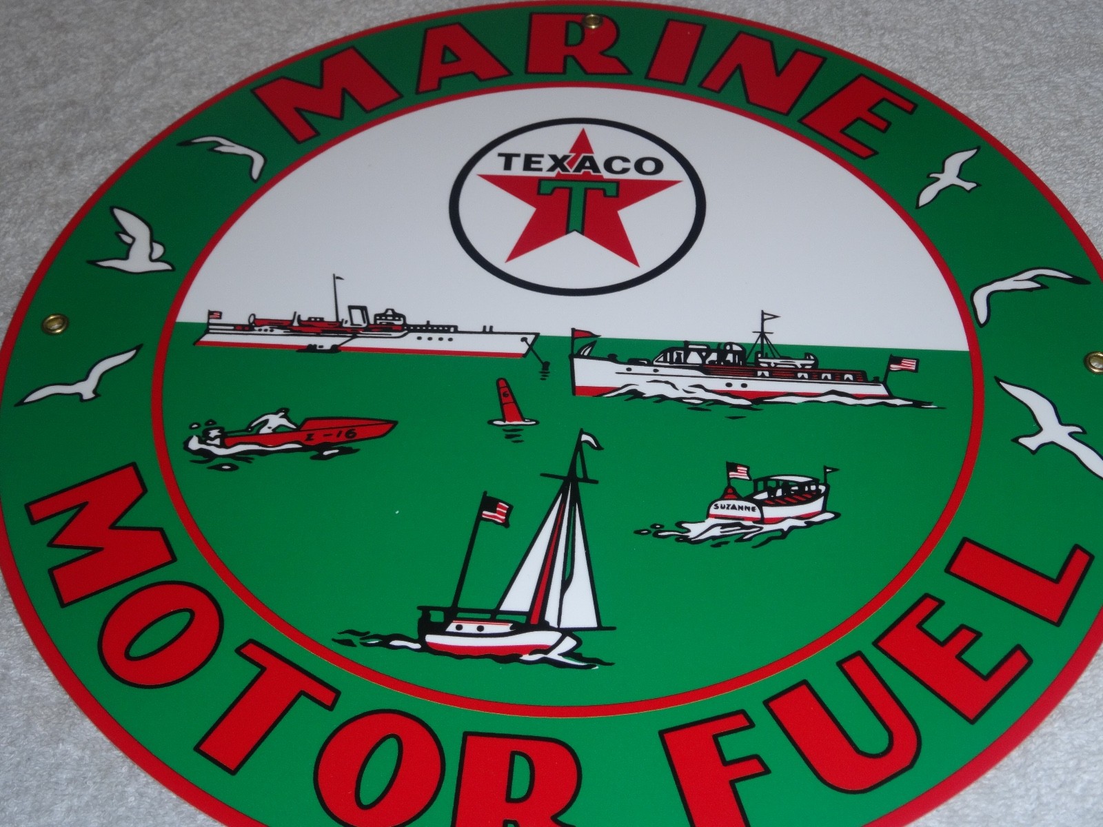 VINTAGE TEXACO MARINE MOTOR FUEL +BOAT 11 3/4″ PORCELAIN METAL GASOLINE OIL SIGN