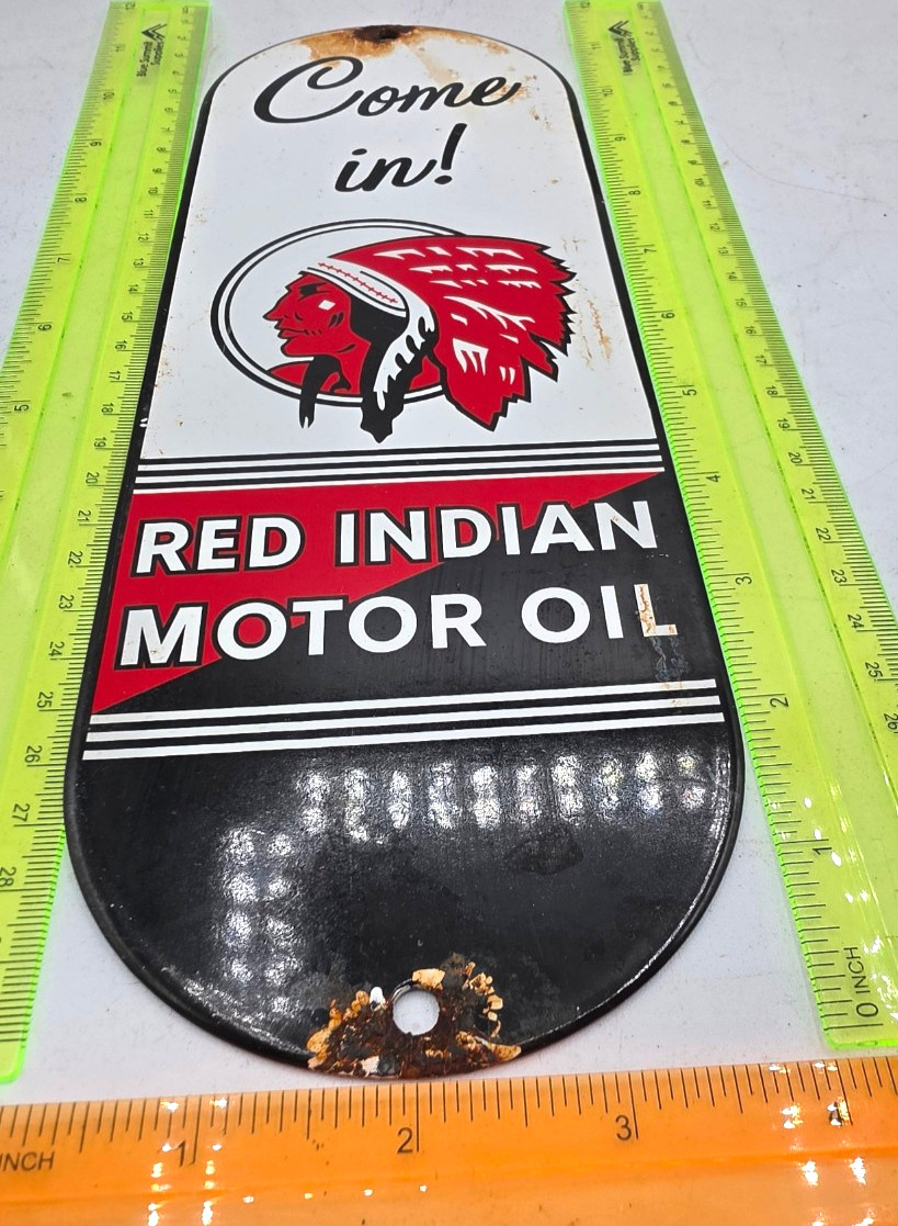 RED INDIAN MOTOR OIL 12″ VINTAGE Gas Pump Service Station Dealer Porcelain Sign