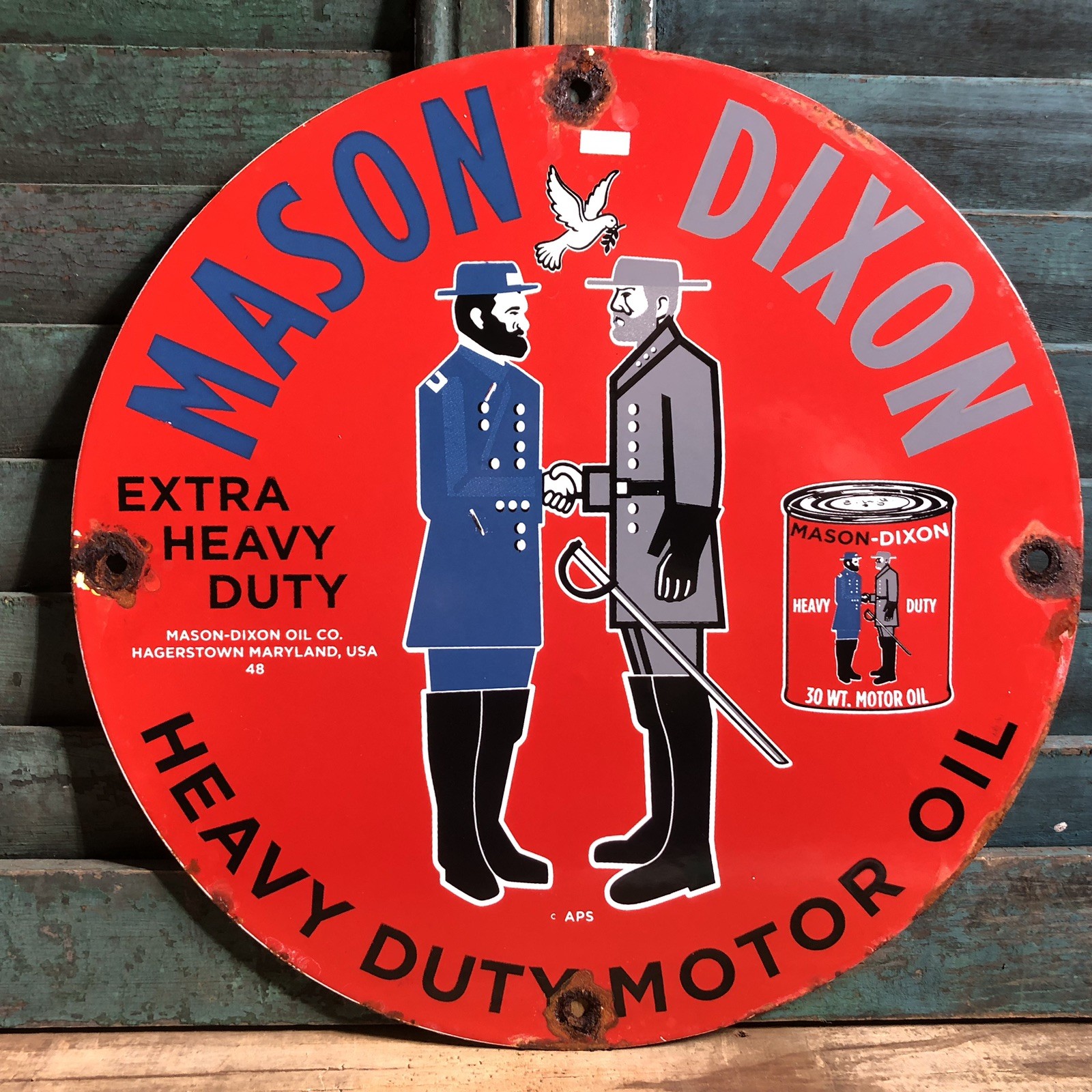 VINTAGE 1948 DATED MASON-DIXON MOTOR OIL GASOLINE PORCELAIN GAS PUMP SIGN