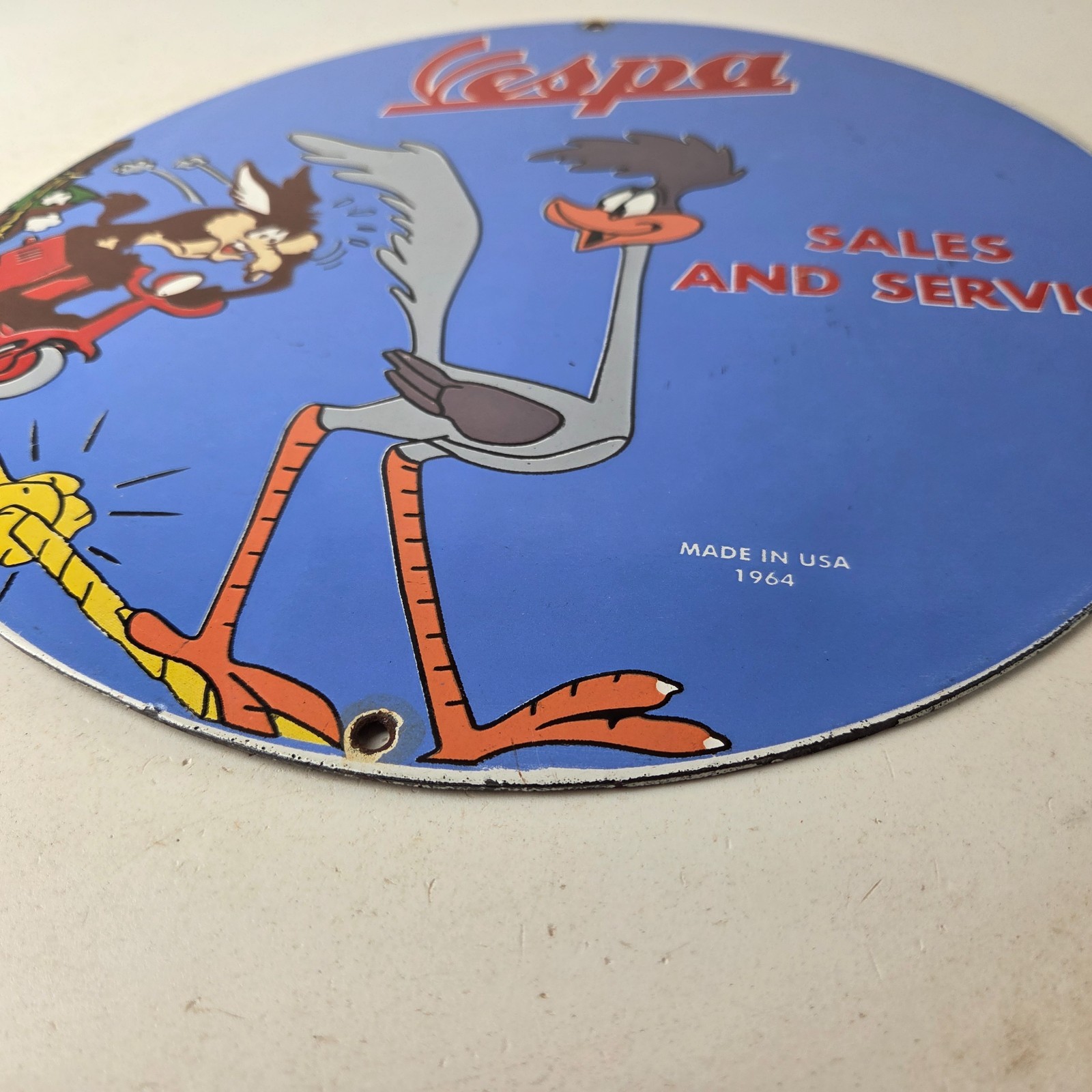 Vintage Vespa Sign – Road Runner Bike Gas Pump Service Station Porcelain Sign