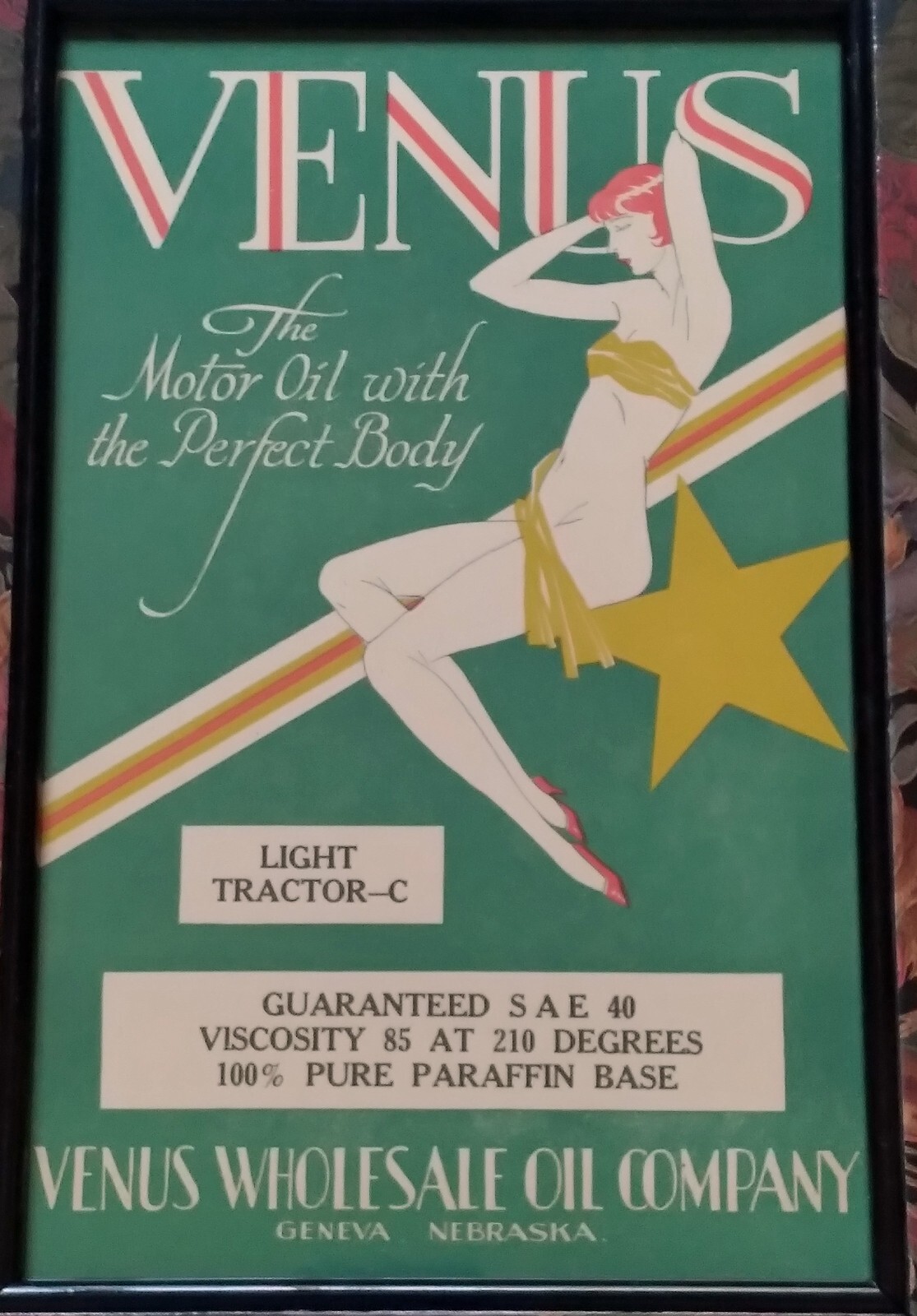 VENUS, THE MOTOR OIL WITH THE PERFECT BODY Late 1920s Label, Geneva, Nebraska