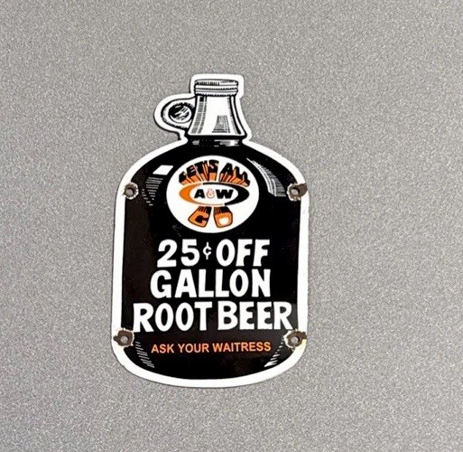 VINTAGE A & W ROOT BEER SODA COLA PORCELAIN SIGN CAR GAS TRUCK MOTORCYCLE OIL