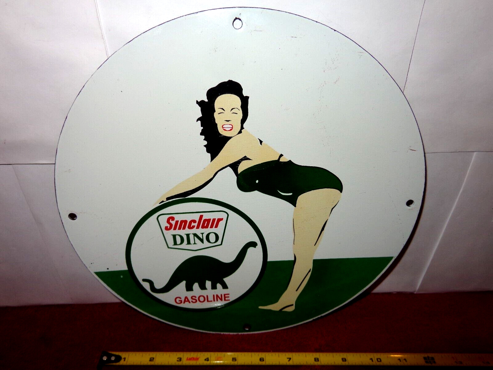 SUPER DEAL – 11 1/2 in SINCLAIR SEXY LADY ADV. SIGN HEAVY METAL PORCELAIN – S90B