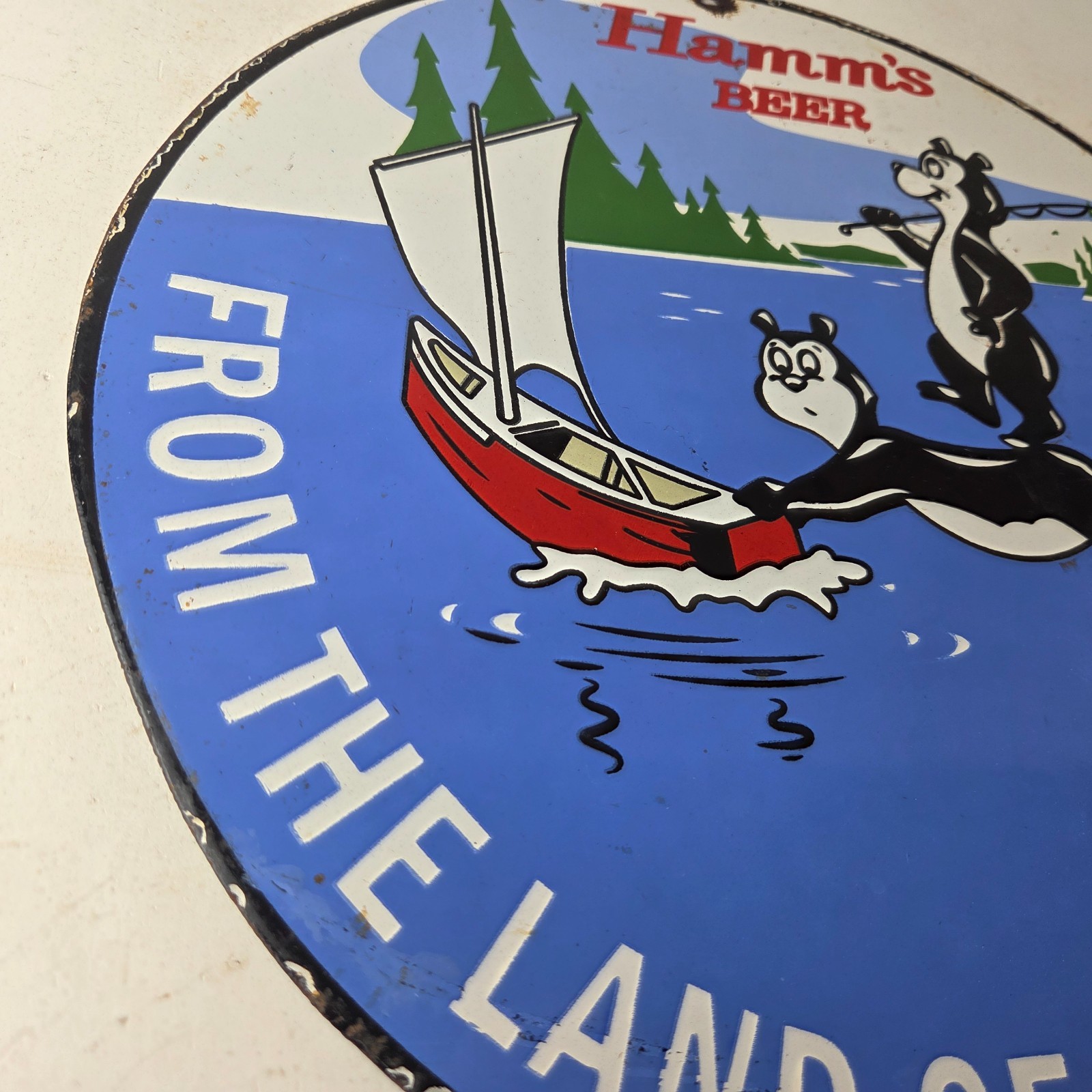 Vintage Hamms Beer Sign – Alcohol Brewery Bear Blue Water Pump Porcelain Sign