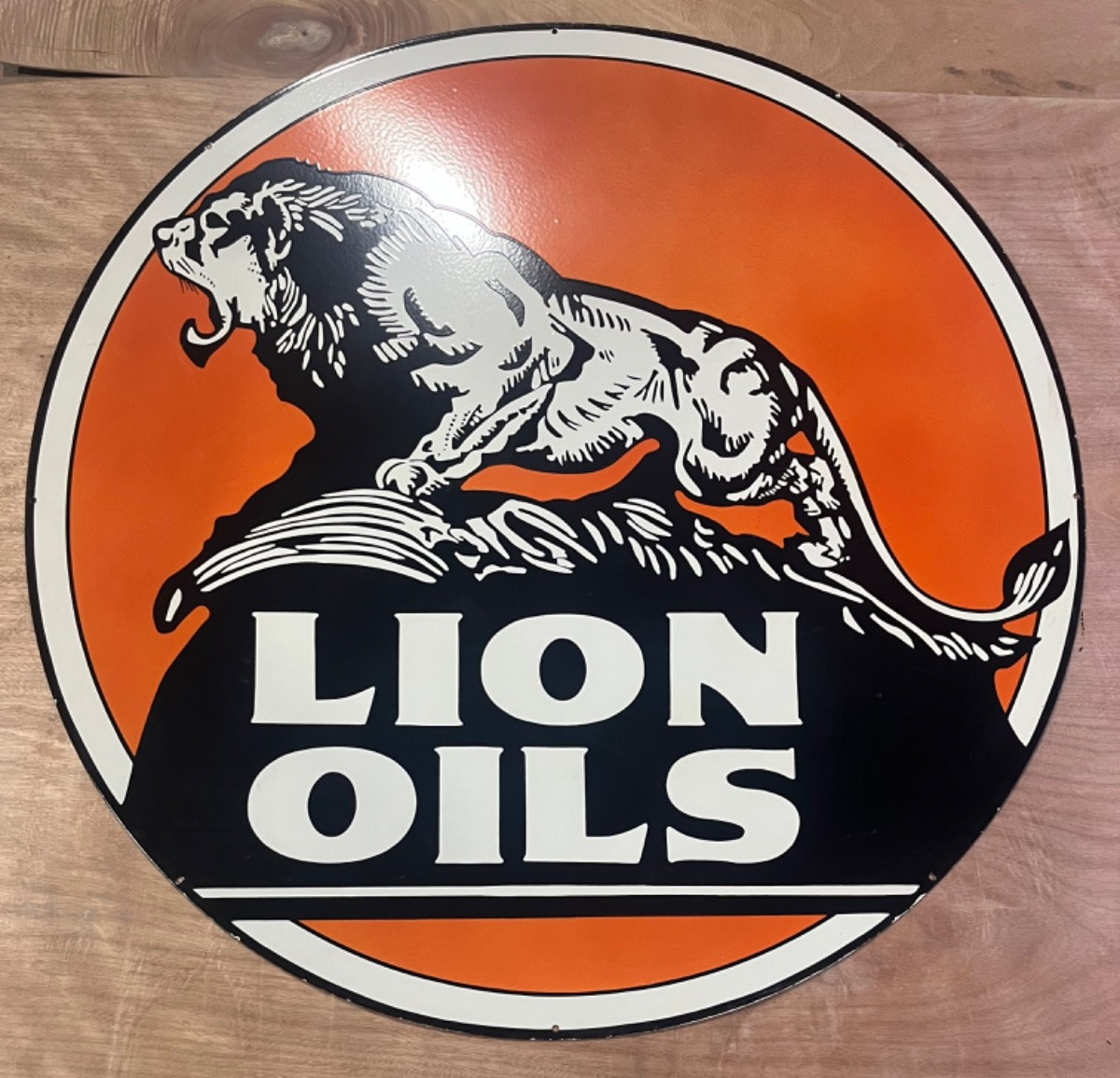 Lion Oils Porcelain Enamel Gas & Oil Sign 48×48″ DSP.