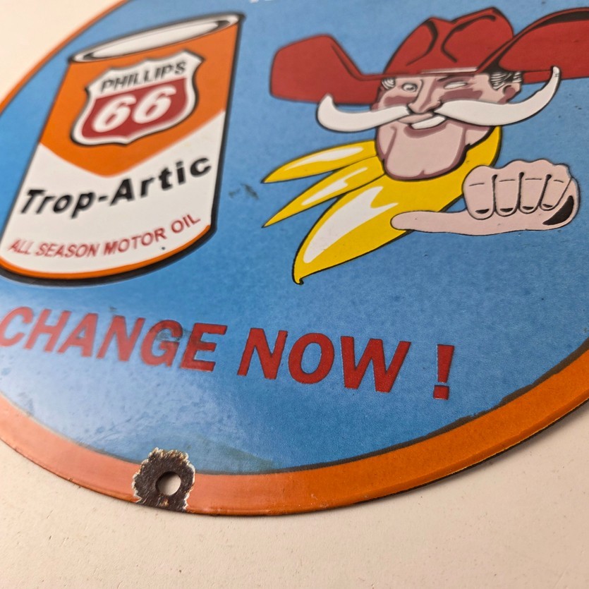Vintage Phillips 66 Gasoline Sign – Porcelain Cowboy Change Oil Gas Pump Ad Sign
