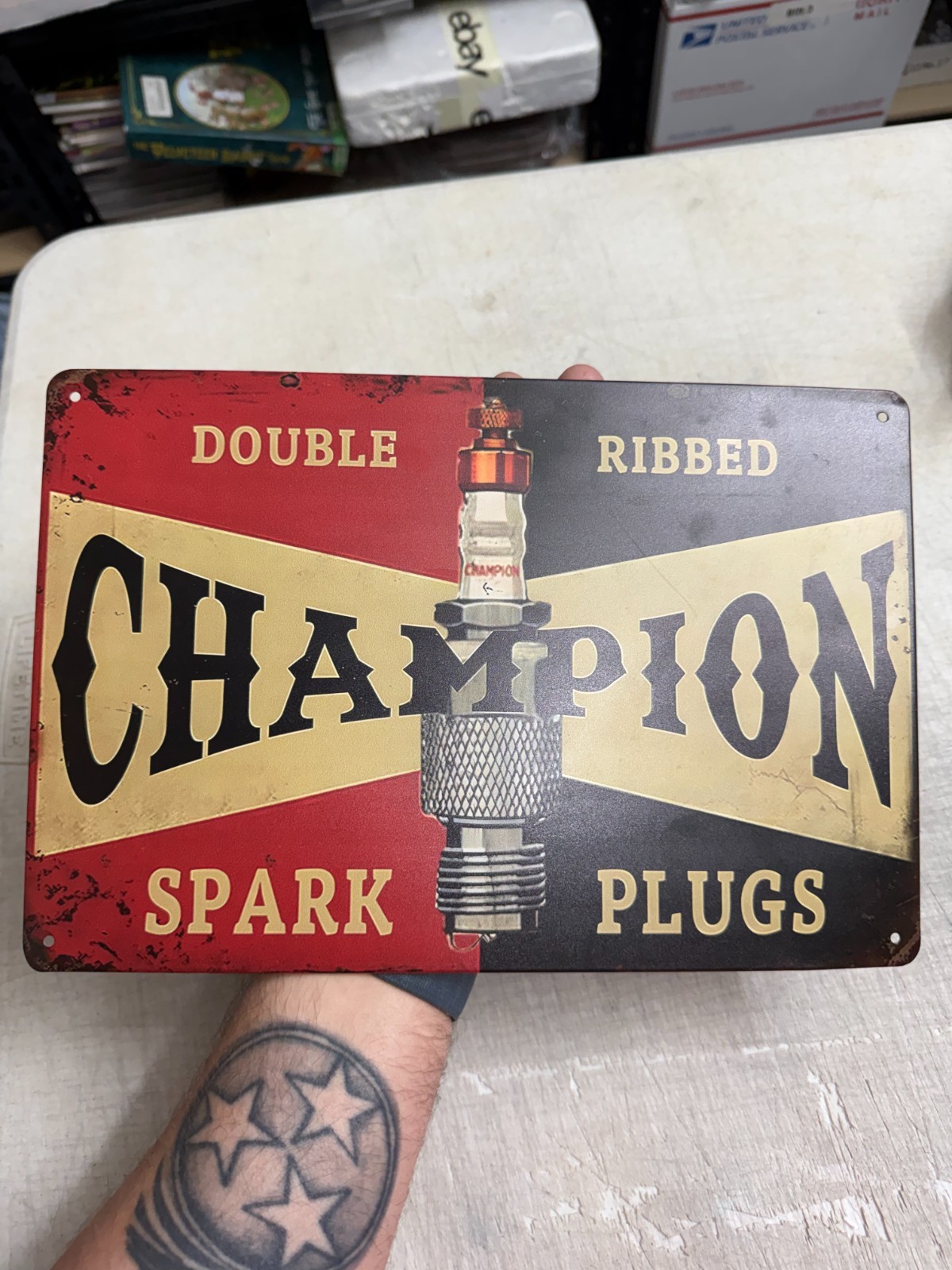 Champion Spark Plugs Metal Tin Sign Double Ribbed Vintage Garage Decor 8×12