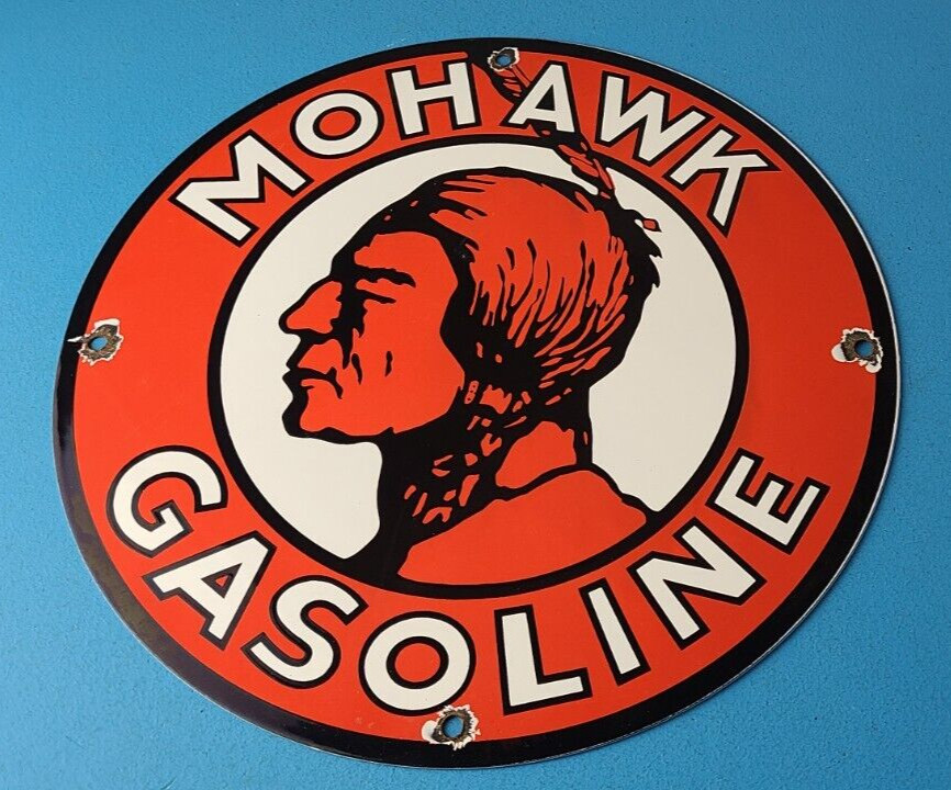 Vintage Mohawk Gasoline Sign – Indian Chief Gas Pump Porcelain Service Sign
