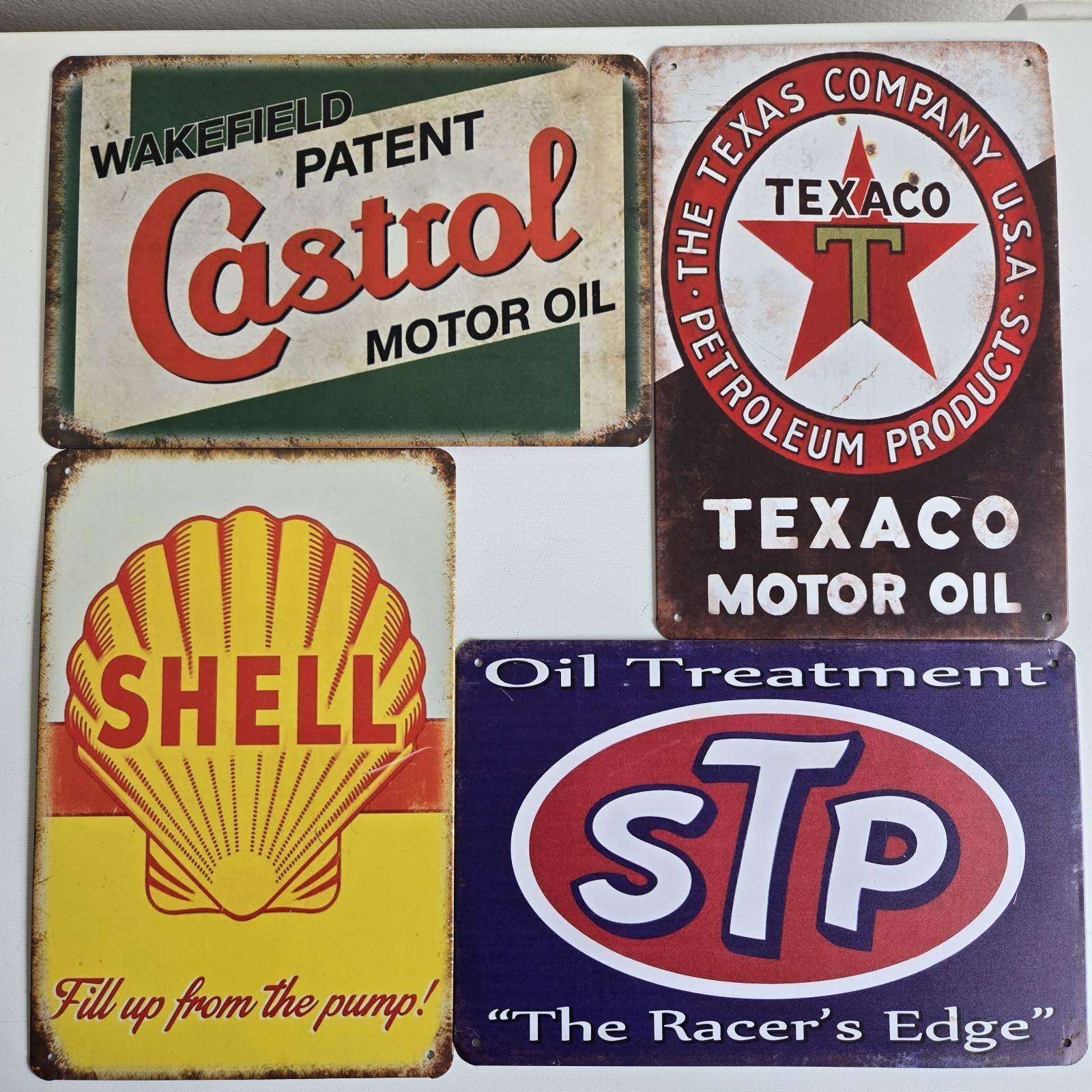 4 Motor Oil 8 x 12 Novelty Metal Signs Shrink-Wrapped Castrol Shell Texaco STP