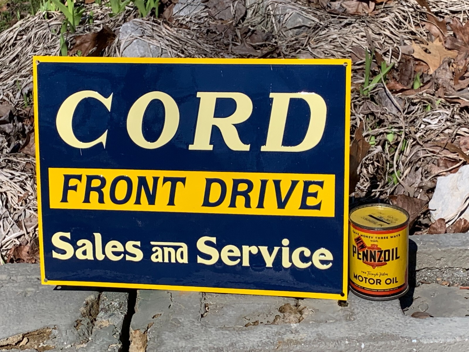 VINTAGE (CORD FRONT DRIVE SALES & SERVICE” EMBOSSED METAL SIGN, (11″x 8.5″) NICE