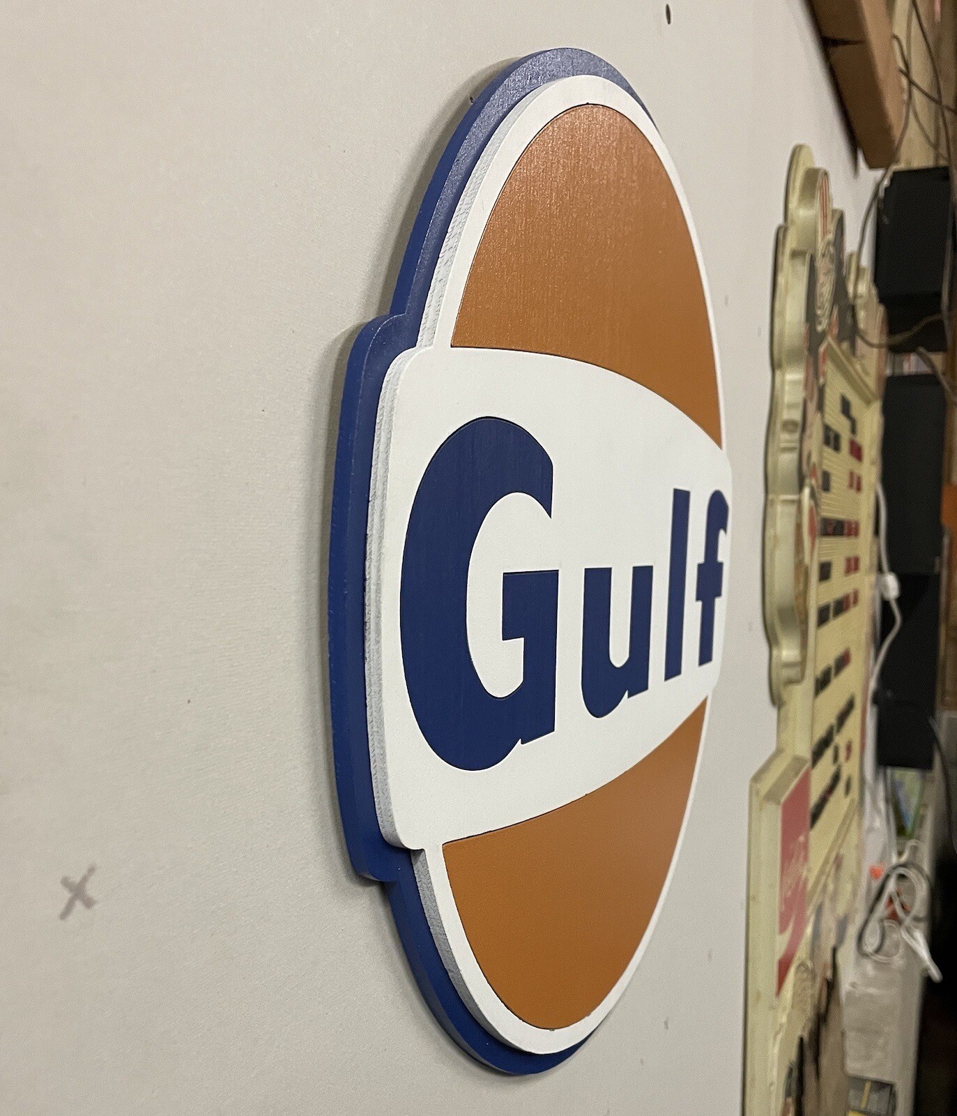 GULF Laser Cut Wood Sign – Hangable – With Hanger – Blue, Orange And White