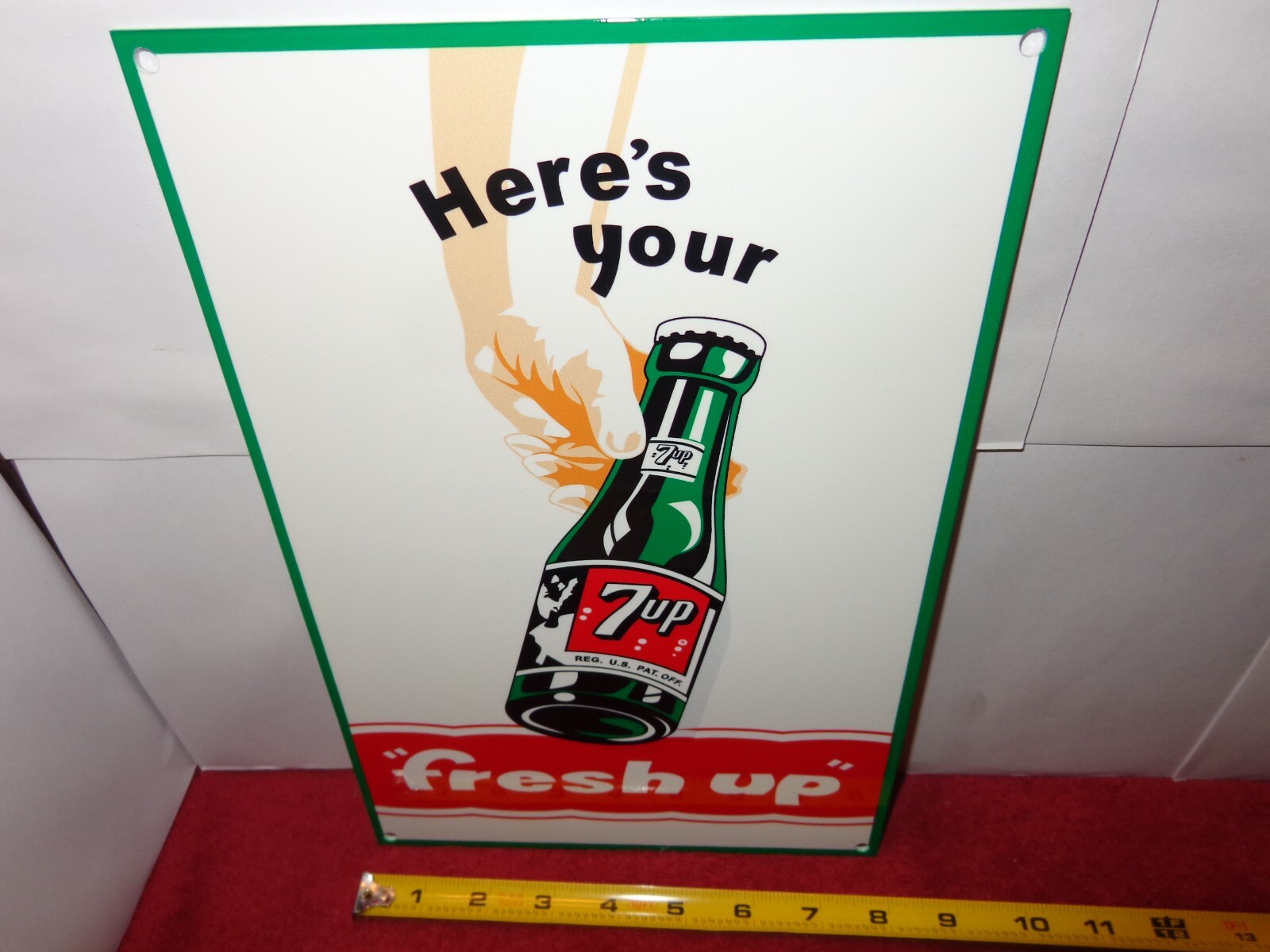 8 x 12 in HERE`S YOUR 7-UP – FRESH UP SODA POP ADV. SIGN DIE CUT METAL # 915 B
