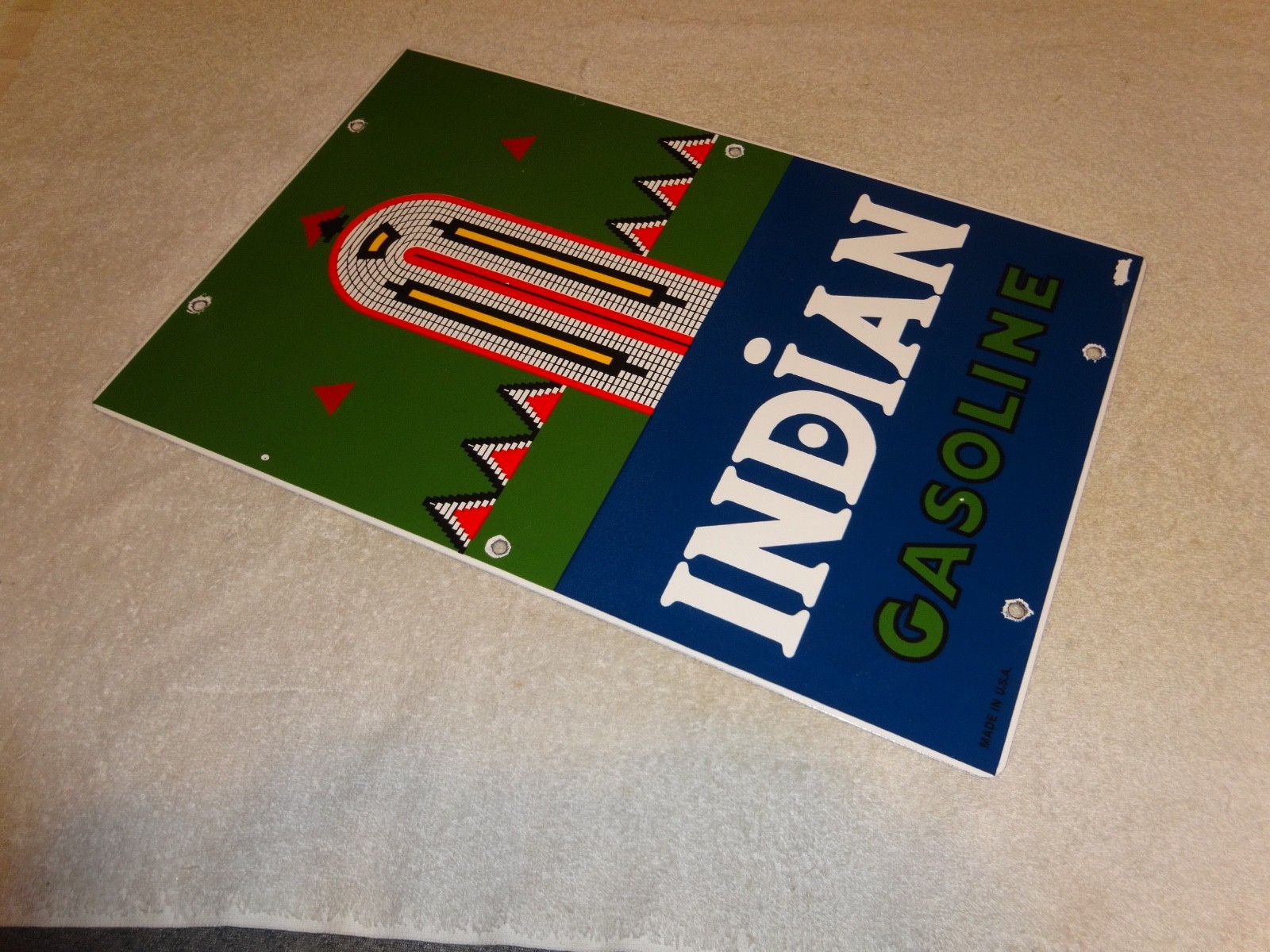 VINTAGE INDIAN GASOLINE 18″ PORCELAIN METAL MOTORCYCLE GAS & OIL PUMP PLATE SIGN