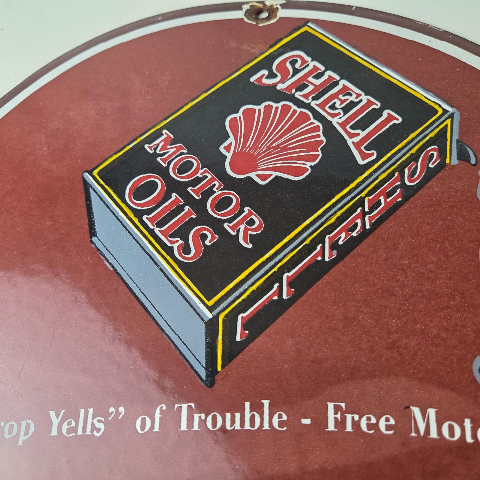 Vintage Shell Gasoline Sign – Free Motoring Gas Oil Pump Plate Porcelain Sign
