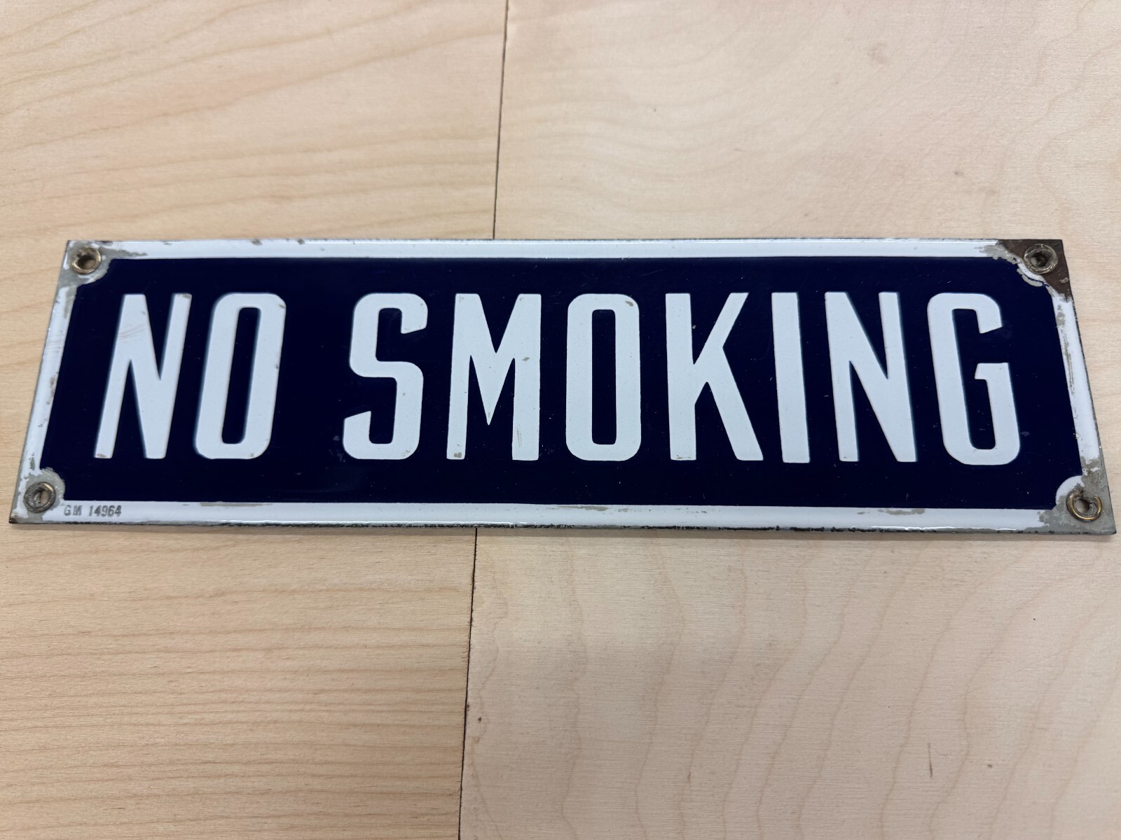 VINTAGE AUTHENTIC “NO SMOKING” PORCELAIN SIGN AT 12″ X 3-1/2″~ THICK SHELVING!