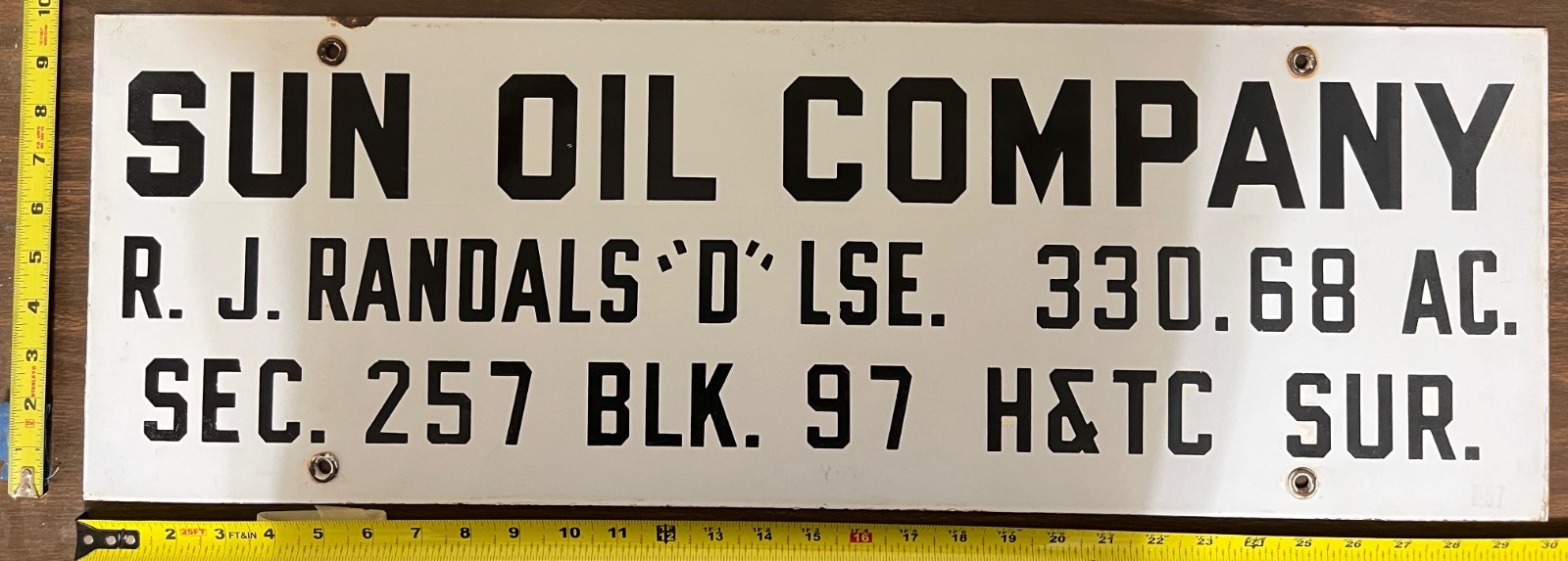 Vintage Porcelain Oil Field Sign – Sun Oil Company RJ Randals “D” Lease