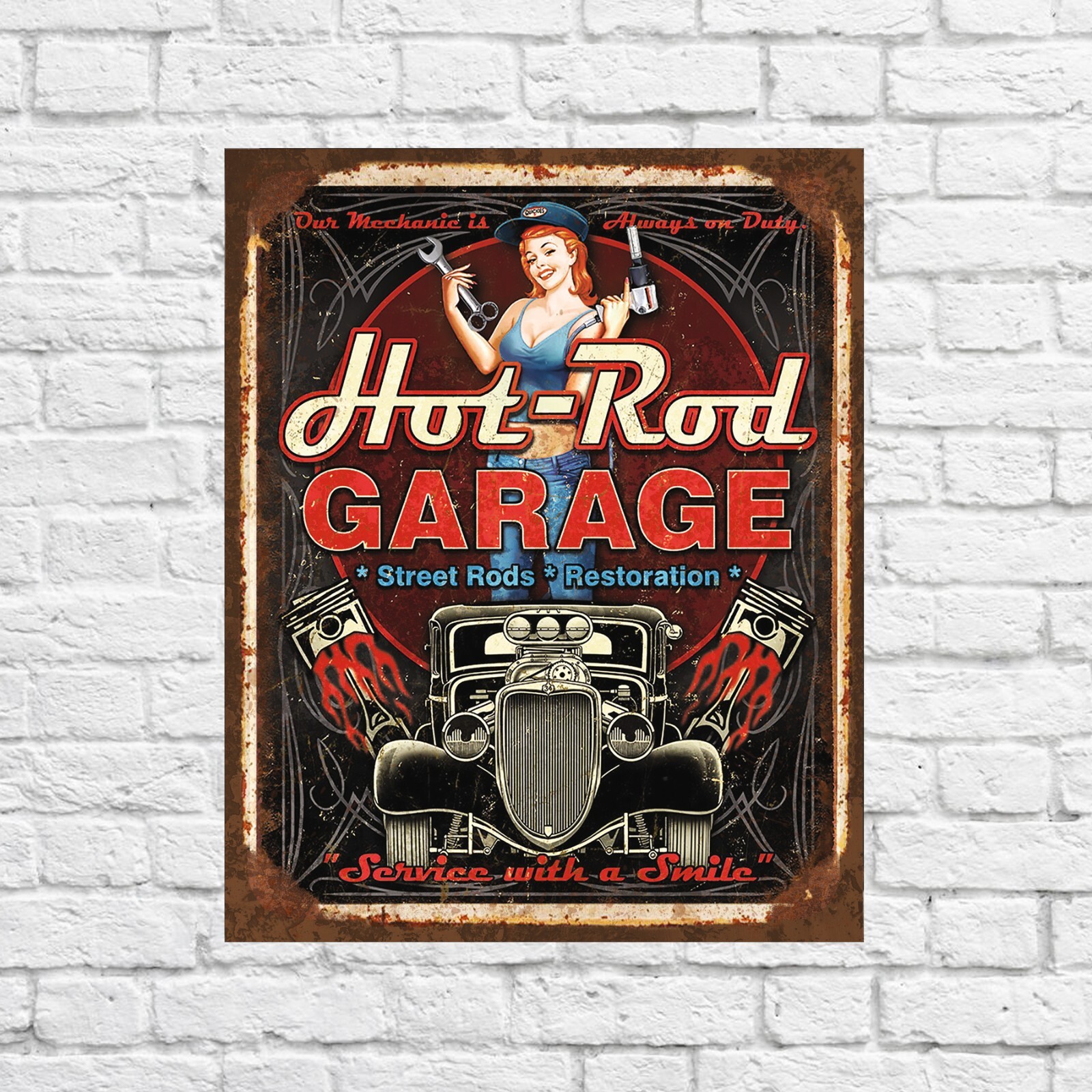 Garage tin sign Full service garage parts & service vintage interior girl auto