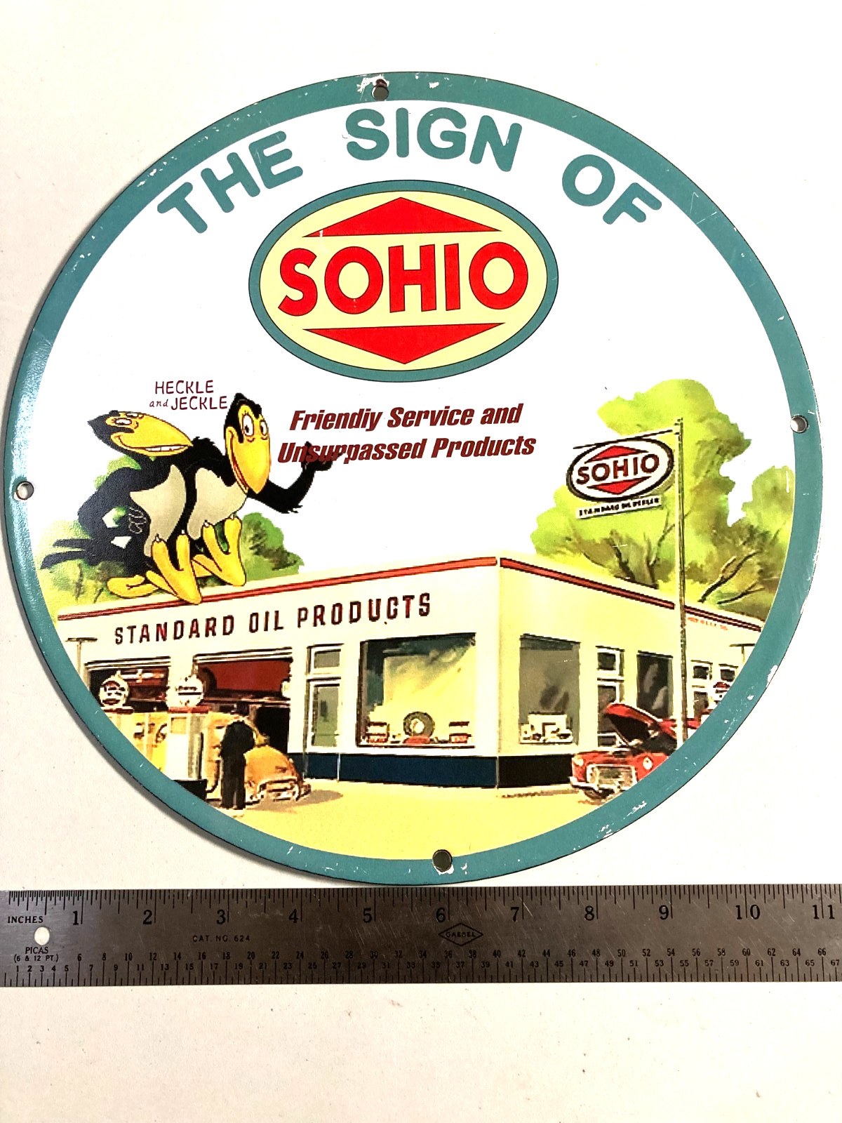 Vintage SOHIO Oil Products Featuring Heckle & Jeckle Heavy Porcelain 11.5″ Sign