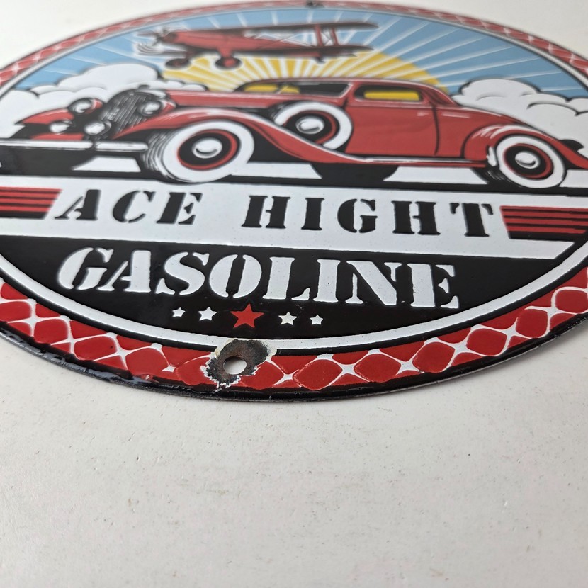 Vintage Ace High Gasoline Porcelain Sign – Hot Rod Plane Aviation Sign