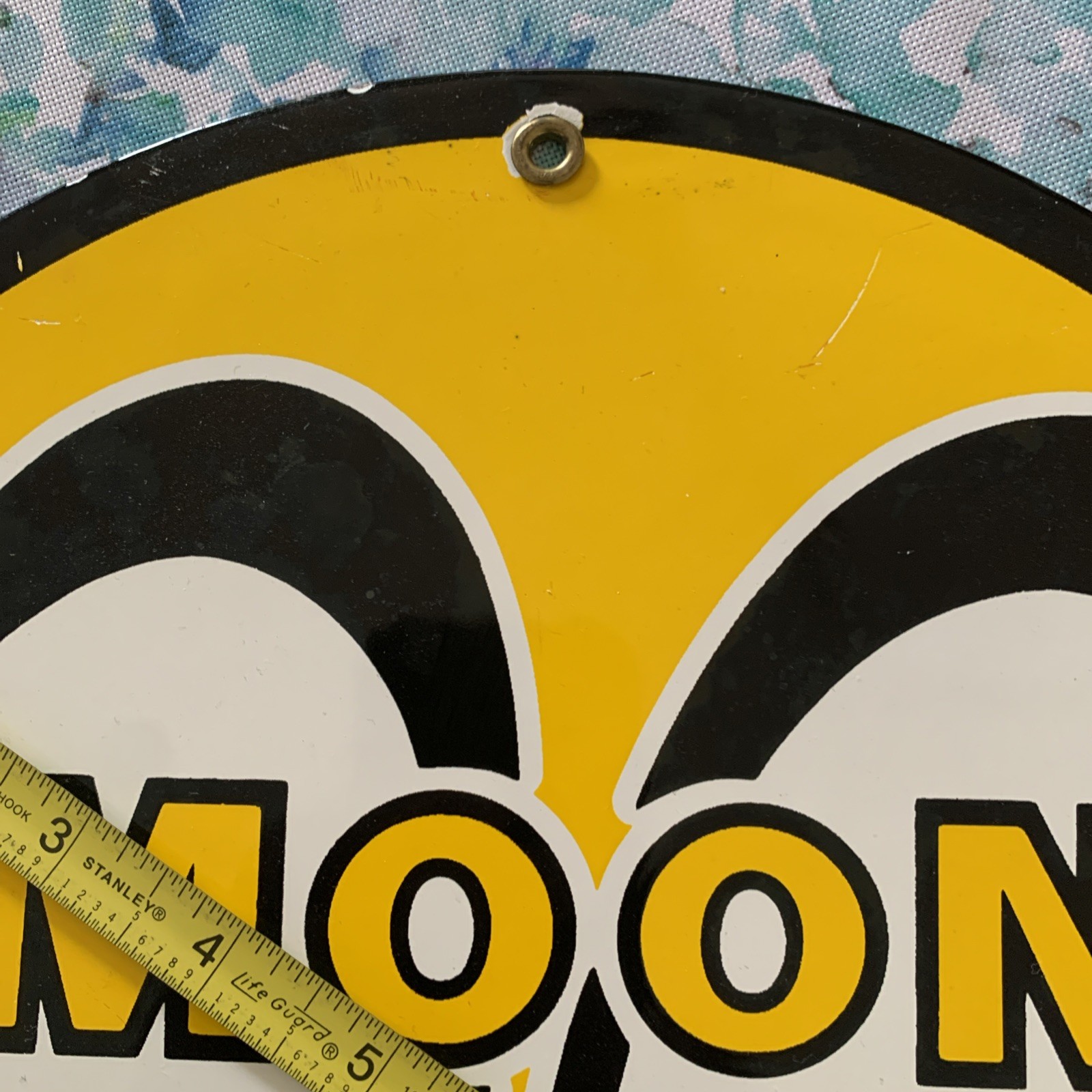 VINTAGE “MOON EYES SPEED EQUIPMENT” 11 3/4″ PORCELAIN METAL GASOLINE & OIL SIGN!