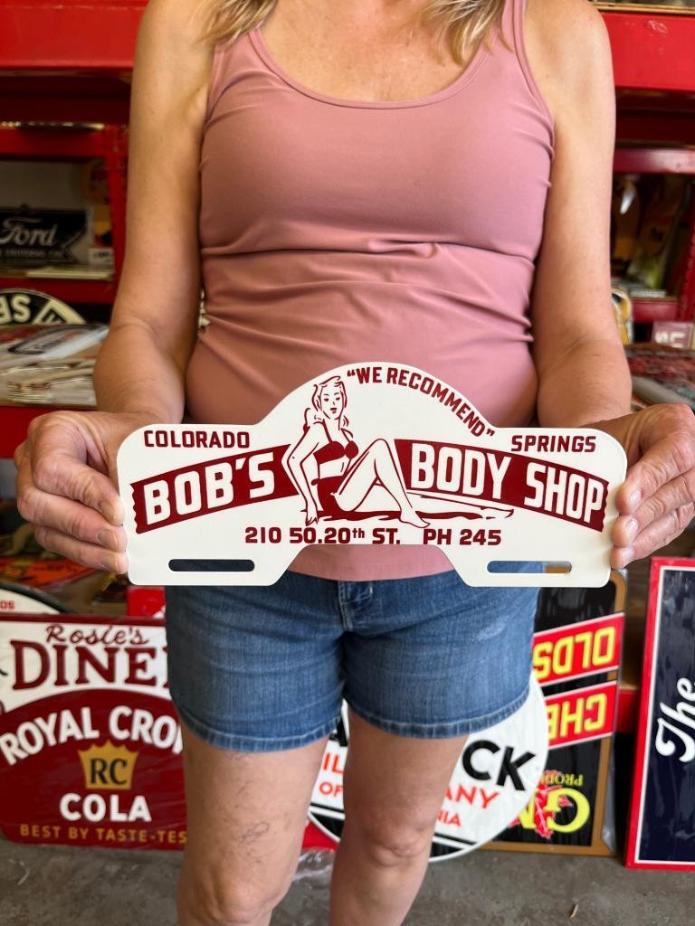 Vintage Style Metal License Topper Bobs Body Shop Colorado NOT Porcelain USA