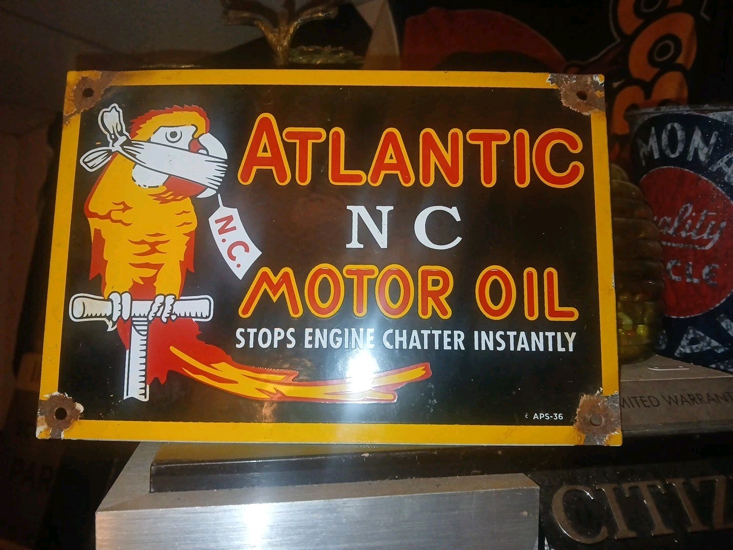 VINTAGE ATLANTIC MOTOR OIL SIGN GAS STATION PORCELAIN SIGN BIRD LUBE SERVICE
