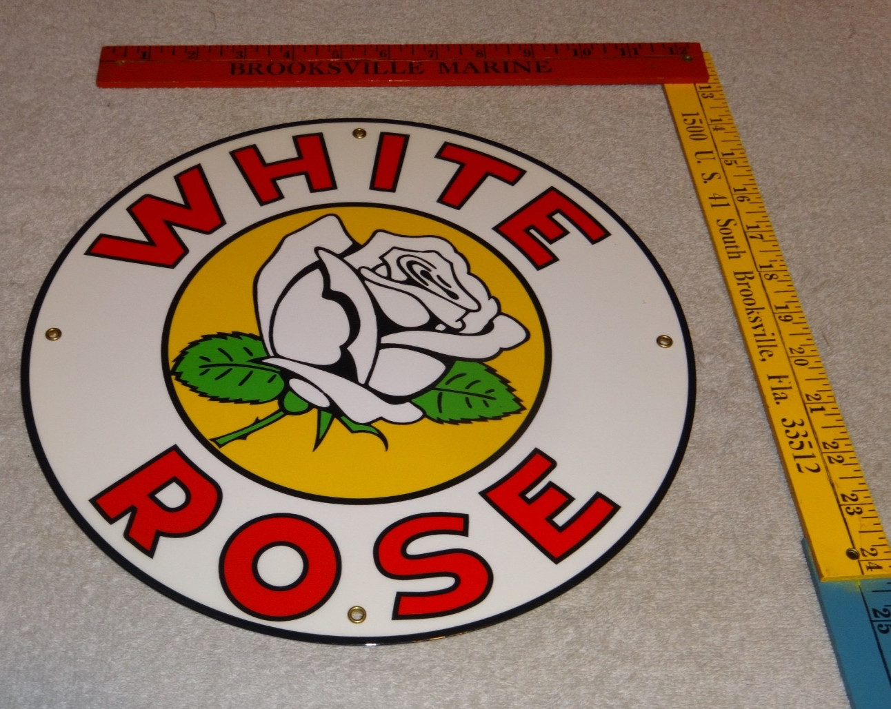 VINTAGE ENARCO WHITE ROSE GASOLINE 11 3/4″ PORCELAIN METAL CANADA GAS & OIL SIGN