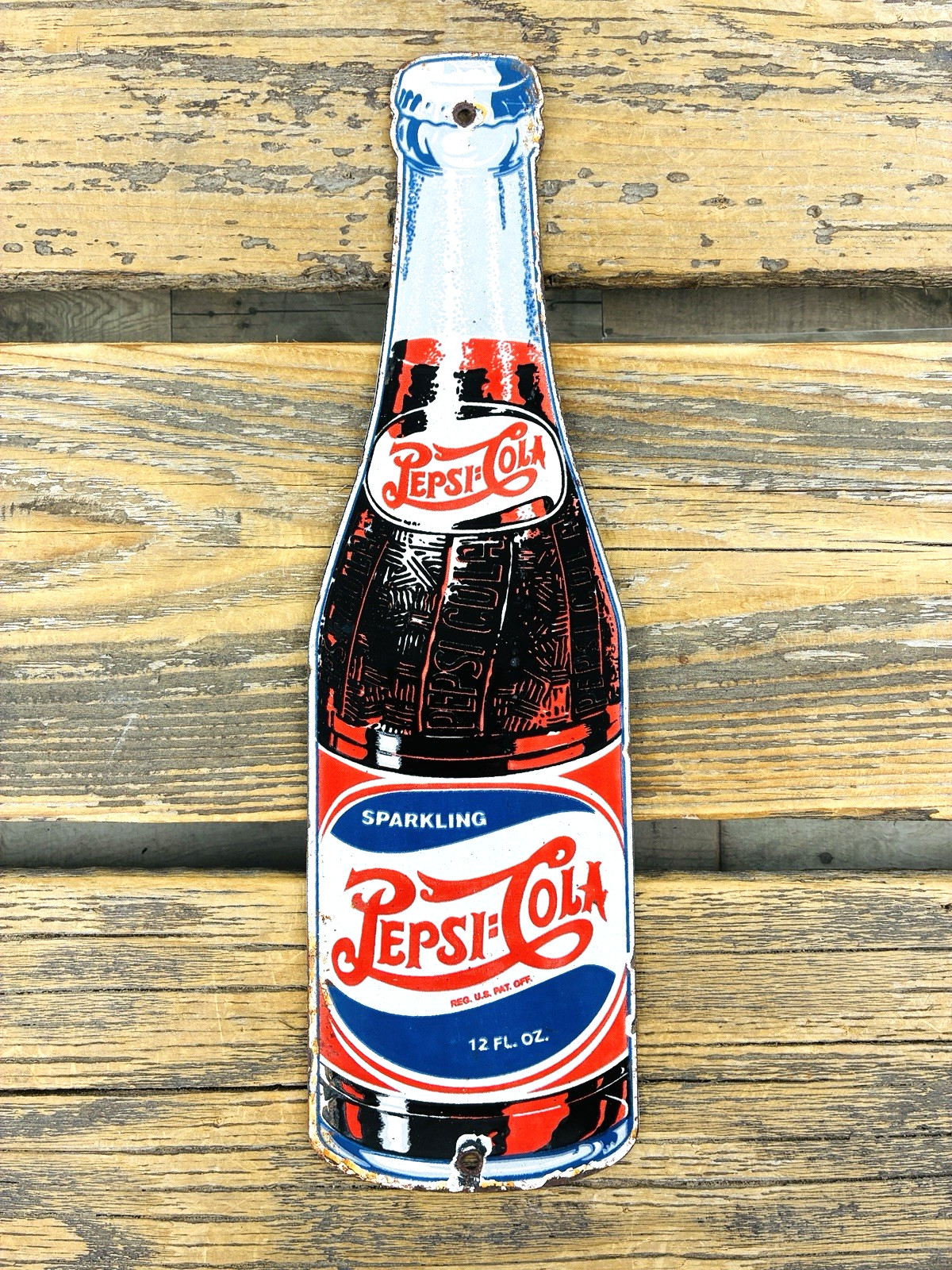 VINTAGE 12×3.5″ SPARKING PEPSI-COLA SODA POP GASOLINE PORCELAIN OIL GAS SIGN
