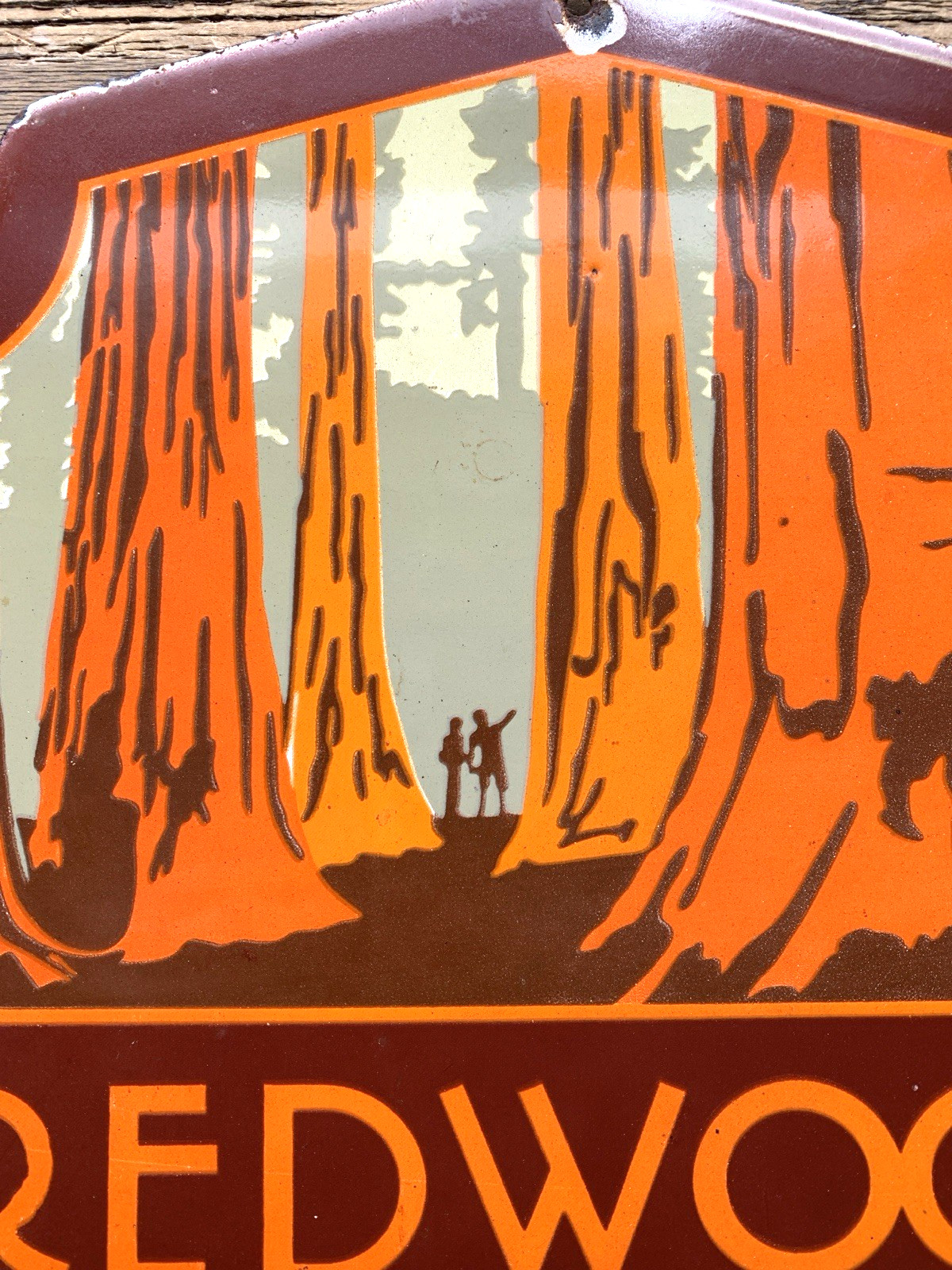 VINTAGE 12×11″ REDWOOD NATIONAL PARK CA PORCELAIN GASOLINE OIL PUMP STATION SIGN