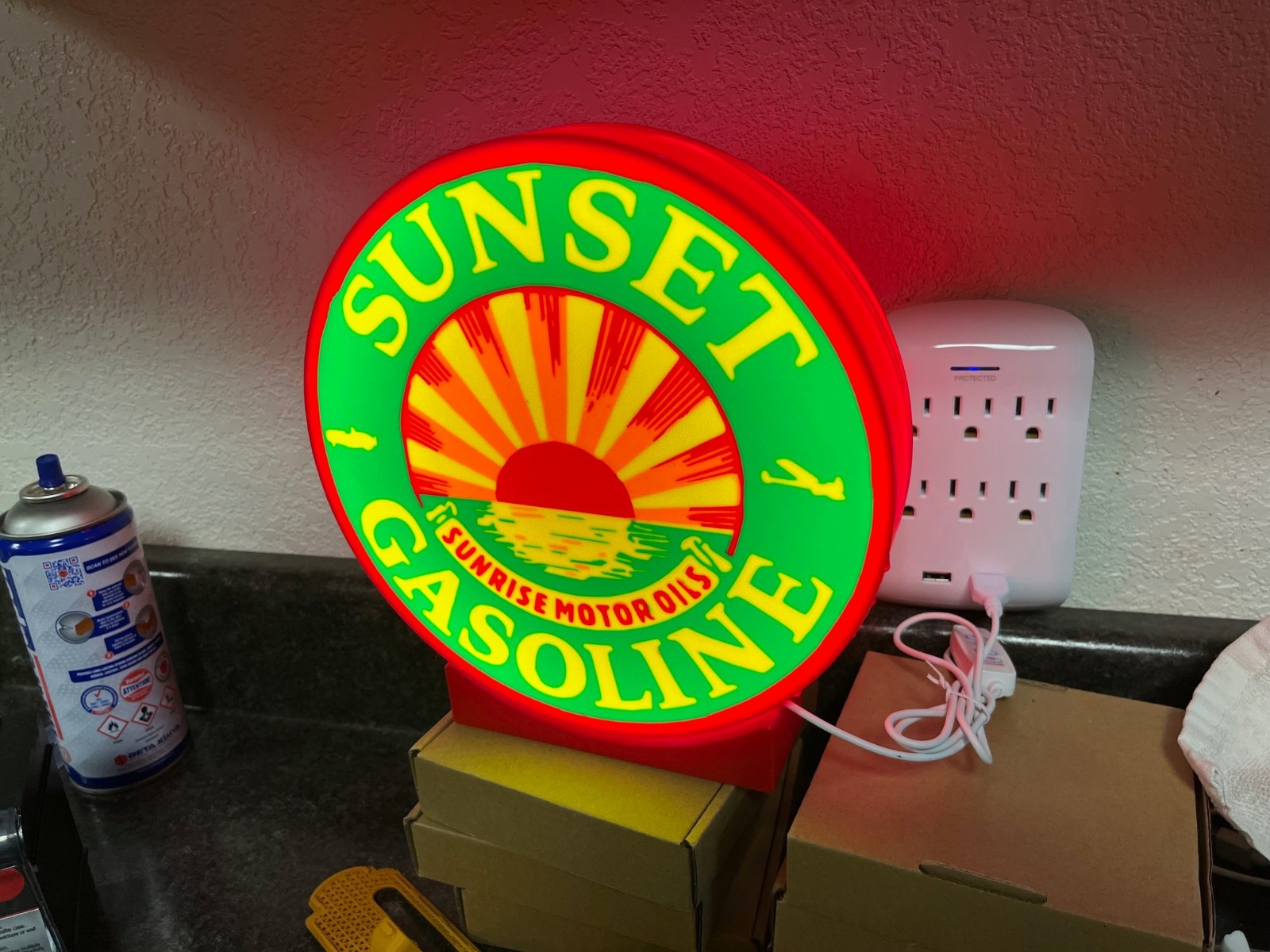 Lighted Sunset Gasoline Sign – Approx. 9″ Wide – Vintage Style