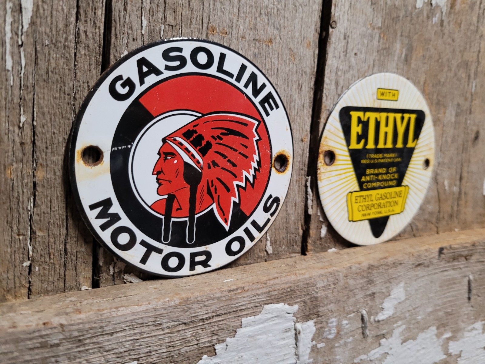 VINTAGE MCCOLL FRONTENAC PORCELAIN SIGN ETHYL MEDALLION OLD GAS OIL RED INDIAN